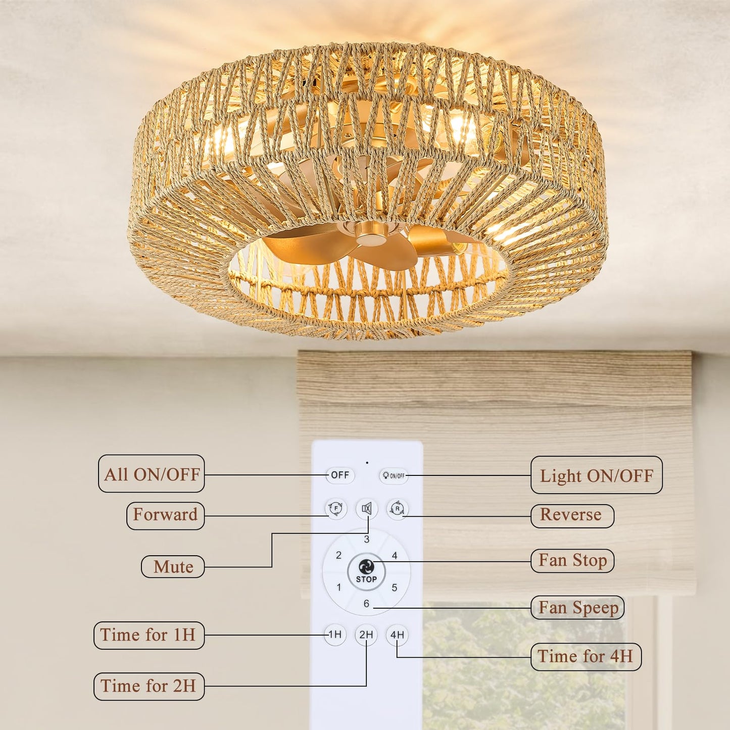Bewishing 20" Rattan Fandelier Ceiling Fan with Light, Boho Flush Mount