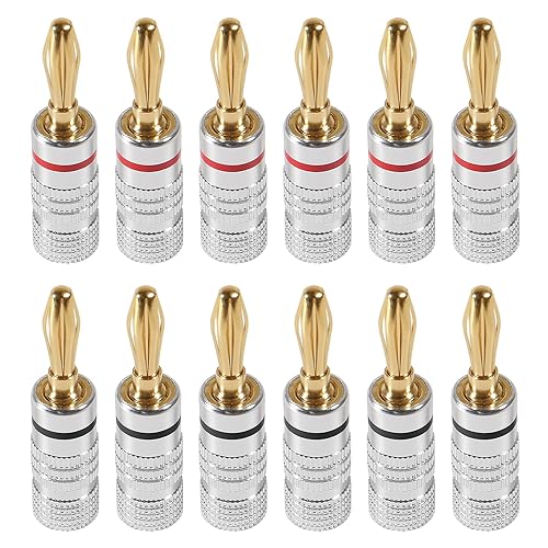 6 Pairs/12 Pcs Speaker Banana Plugs Audio Jack Connector ?24k Gold Dual Screw Lock Speaker Connector for Speaker Wire, Wall Plate, Home Theater