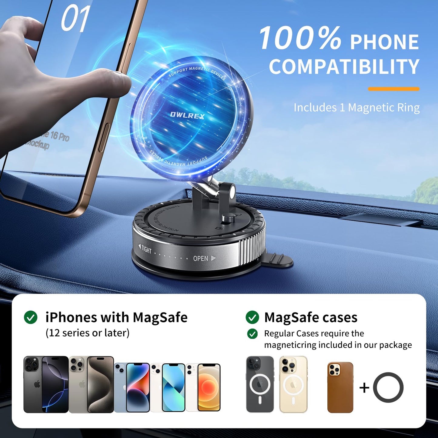OWLREX Magnetic Phone Holder for Car, Vacuum Suction Cup Magsafe Car Phone Mount with Strong Magnet 360° Rotatable Phone Holder for iPhone 15/14/13