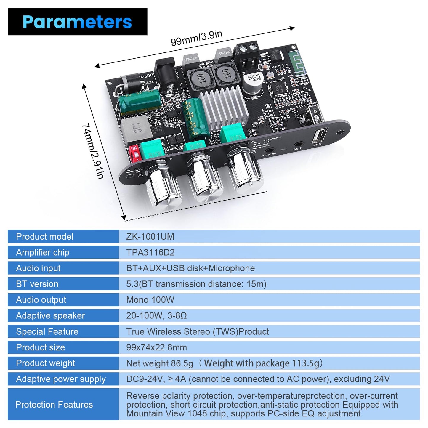 ZK-10001UM Bluetooth 5.3 Amplifier Board, 100W Mono Class D Power Amp with TWS Pairing, USB/AUX Input, Mic/Music Vol, Microphone Reverb Support EQ
