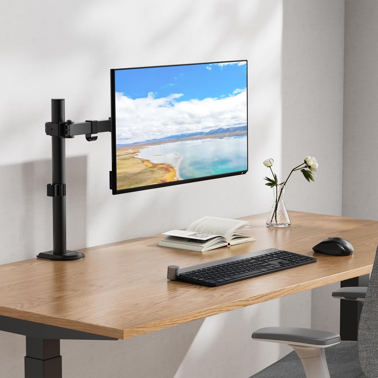 Mount-It! Single Monitor Arm 17" to 32", Full Motion Adjustment with Tilt, Rotation, Swivel, Height Adjustment Along Pole, Clamp or Grommet Mounting