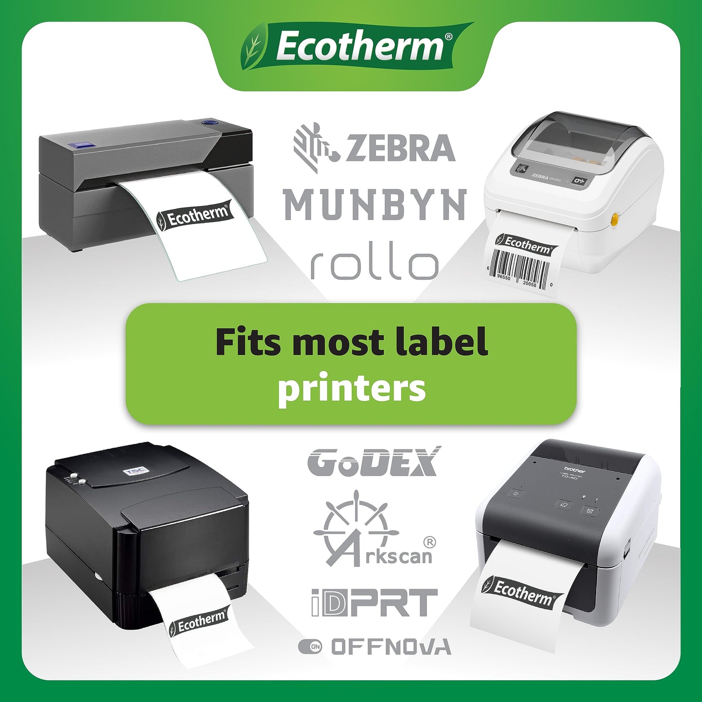 4" x 1.25" Thermal Labels | 6 Rolls | 12600 Labels | fits Zebra, Munbyn, Rollo, Godex, Arkscan, iDPRT, Offnova Thermal Label Printers and More | Blank