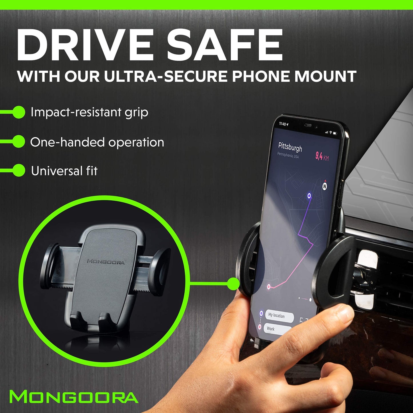 Mongoora Air Vent Car Phone Mount Holder - Locking Cell Phone Car Mount Universal for Any Smartphone, iPhone, Android - Clip On Car Phone Holder
