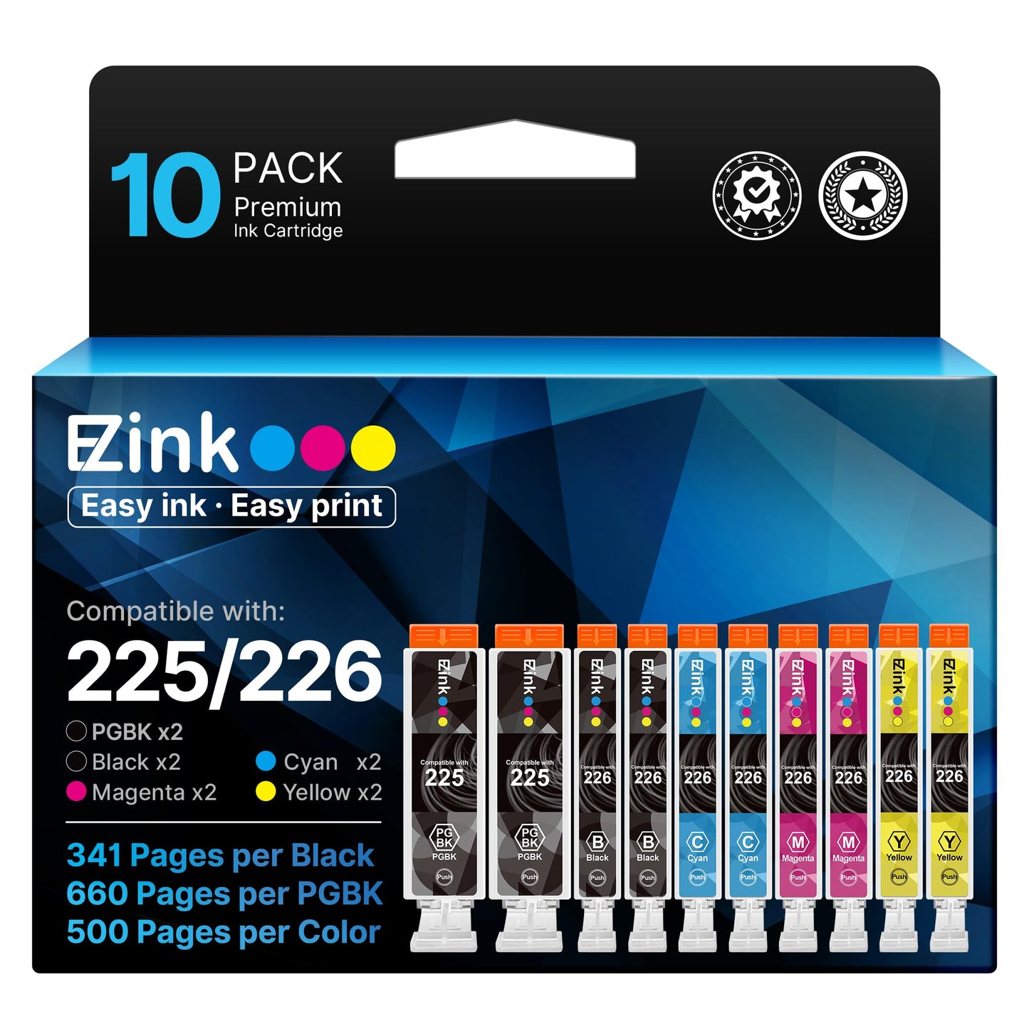 E-Z Ink Compatible Ink Cartridge Replacement for Canon PGI-225 CLI-226 PGI225 CLI226 Compatible with PIXMA MX882 MX892 MG5320 MG6220 (2 PGBK, 2 Cyan