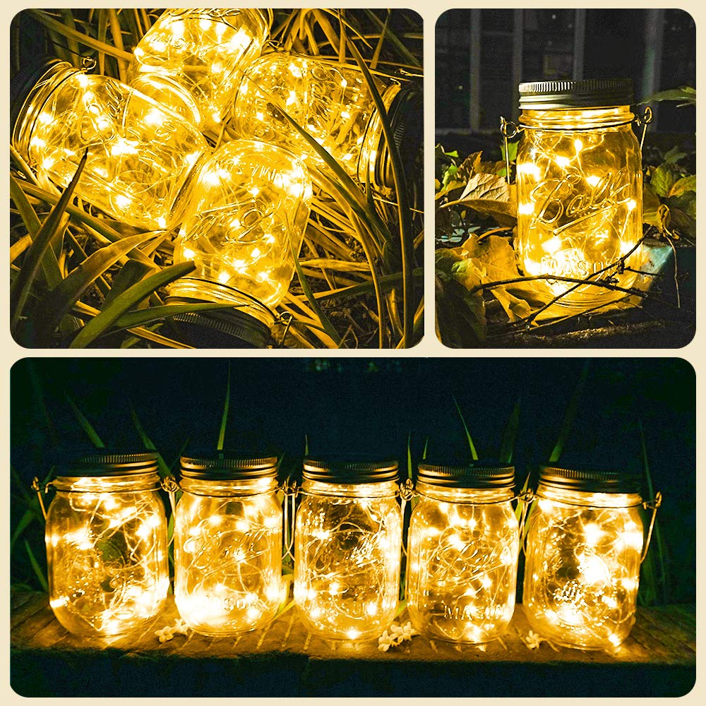 SunKite Solar Mason Jar Lights [Updated], 8 Pack 20 LED Waterproof Fairy Firefly Jar Lids String Lights with Hangers(NO Jars), Patio Yard Garden