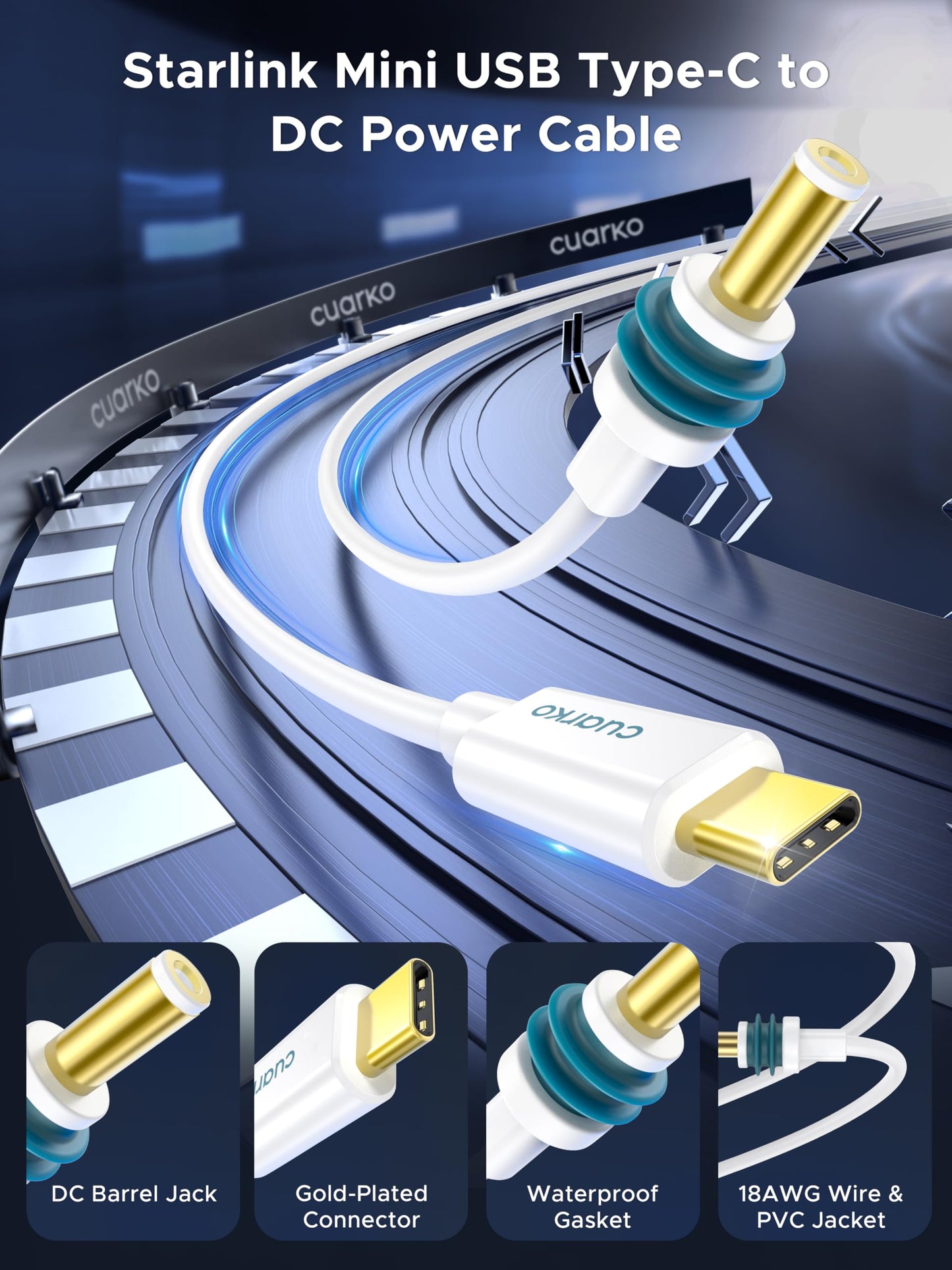 cuarko Starlink Mini USB C Power Cable, USB C to DC 16.4FT/5M 100W+ Input Replacement [Gold-Plated, High-Speed Transmission] Starlink Mini Accessories