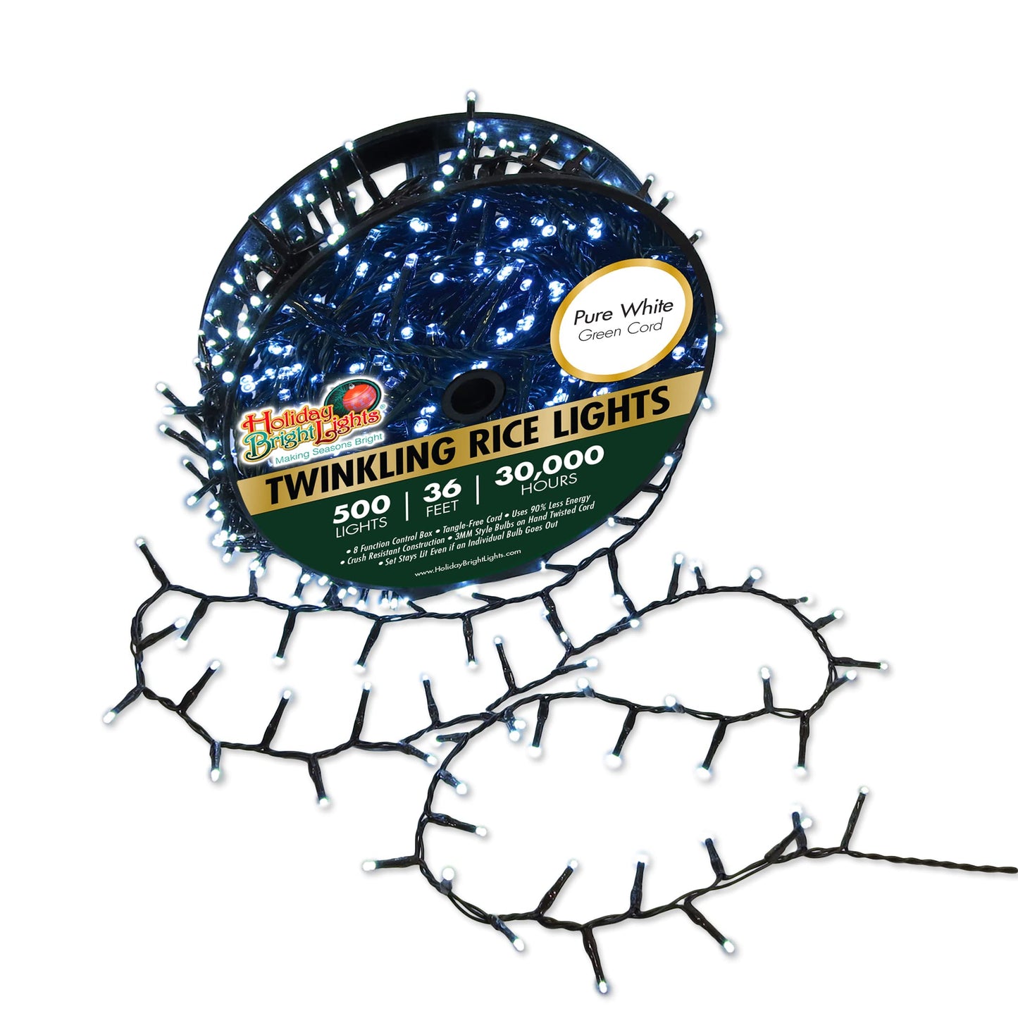 Holiday Bright Lights Rice Lights 36FT, 500 Twinkling LEDs, Connectable Indoor/Outdoor Decorative String Lighting, Pure White Glow