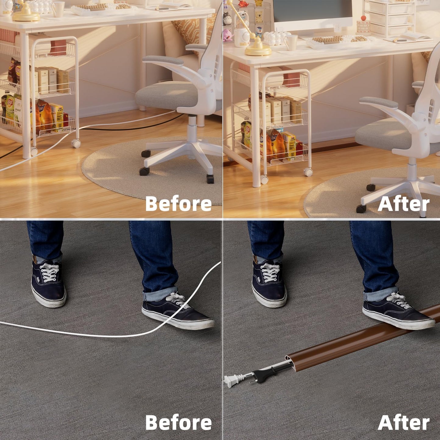 4ft Floor Cord Cover, Silicone Wire Hider, Hide Extension Cords, Protect Cords, Prevent Cable Trips, Heavy-Duty Adhesive-Backed Anti-Trip Cable