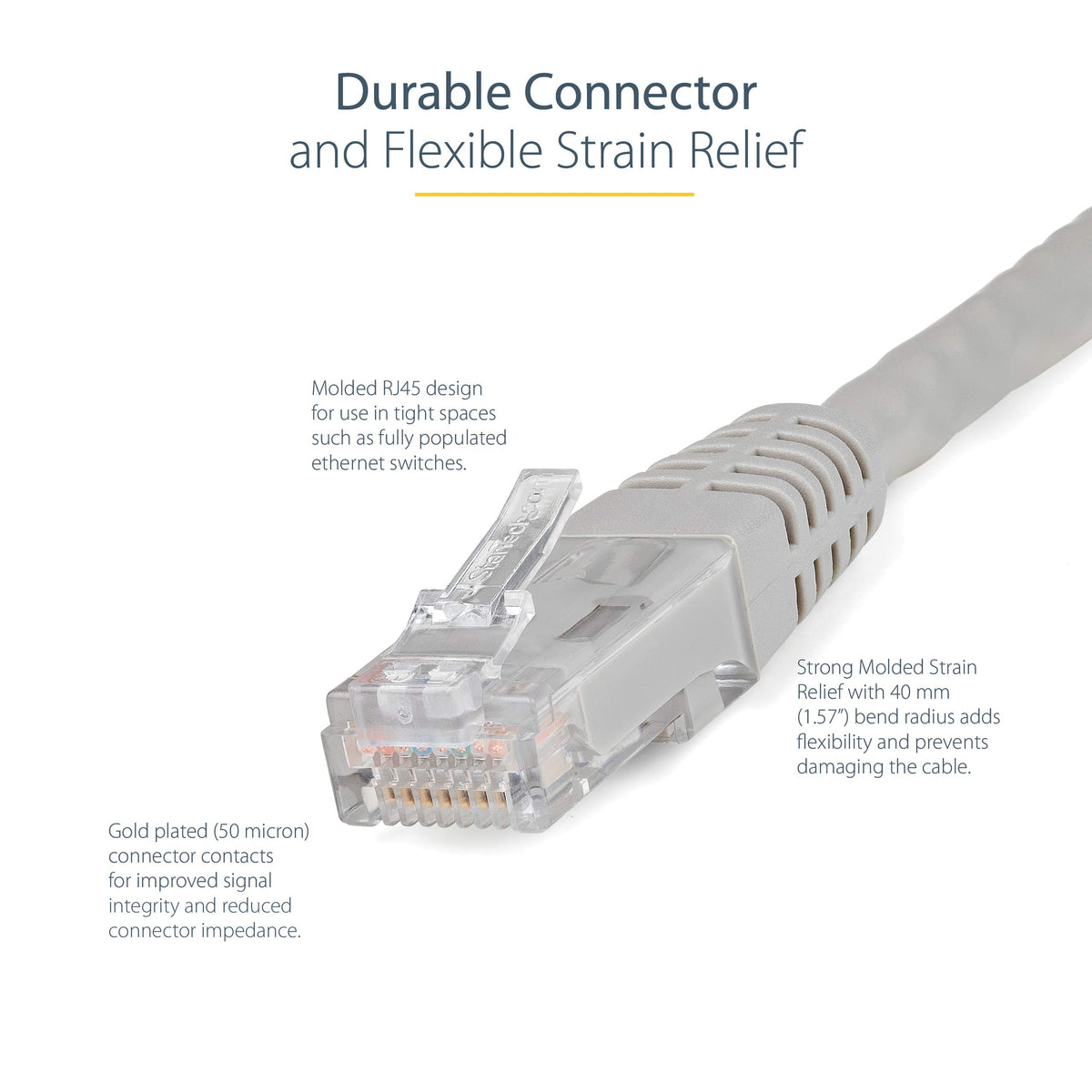 StarTech 50ft CAT6 Ethernet Cable - Gray CAT 6 Gigabit Ethernet Wire -250Mhz 100W PoE RJ45 UTP Molded Network Patch Cord with Strain Relief
