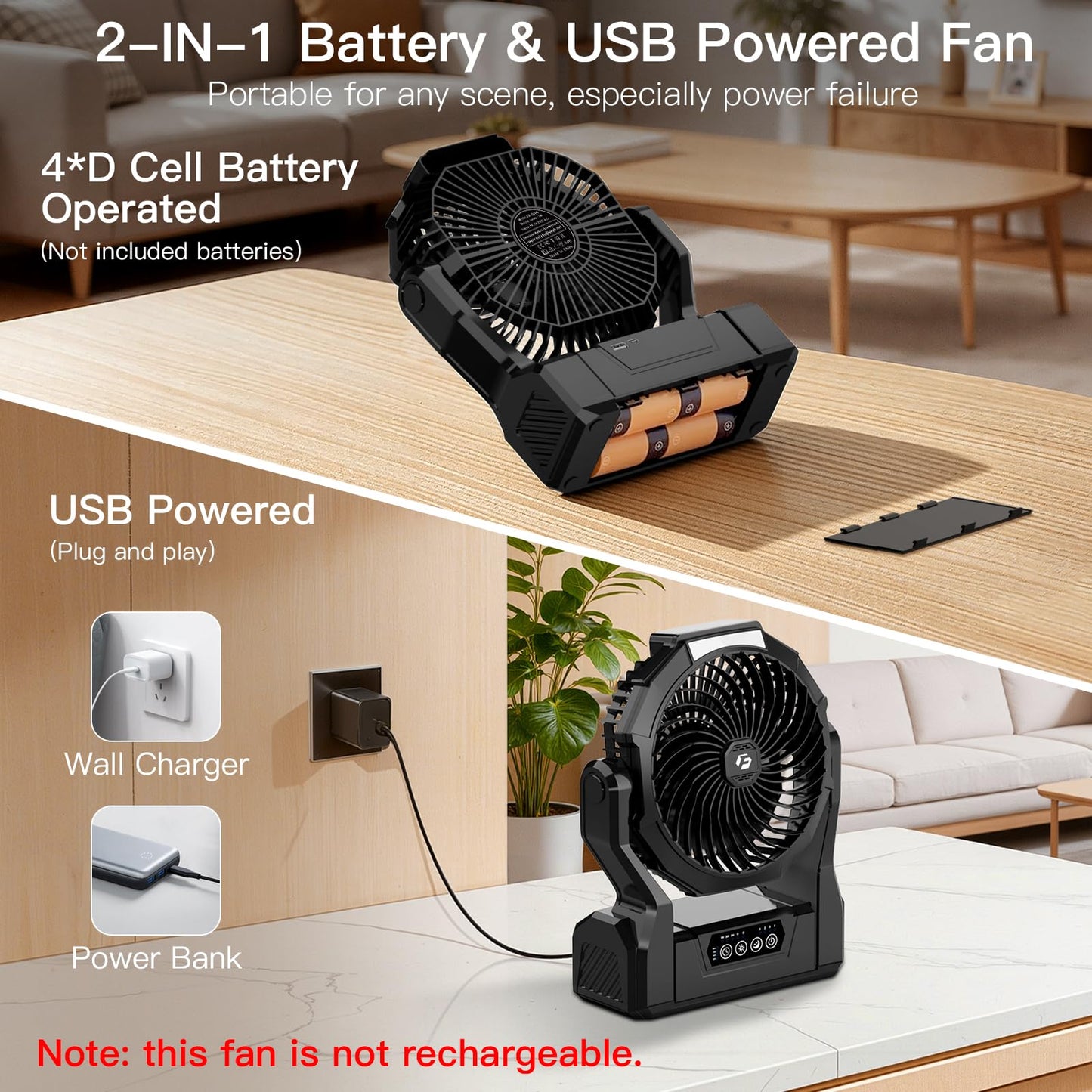 Battery Operated Fan, 2-in-1 D-Cell Battery & USB Powered Portable Fan with 4 Speeds, 3 Timers & 2 Light Modes, Super Long Lasting Camping Fan