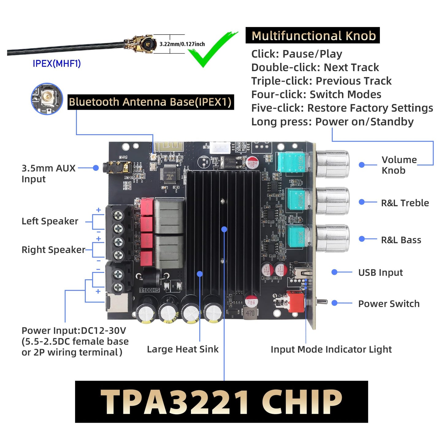 T100HS Power Amplifier Board Bluetooth5.2 TPA3221 Chip 2.0 Channel 100W×2,Audio Power Amplifier