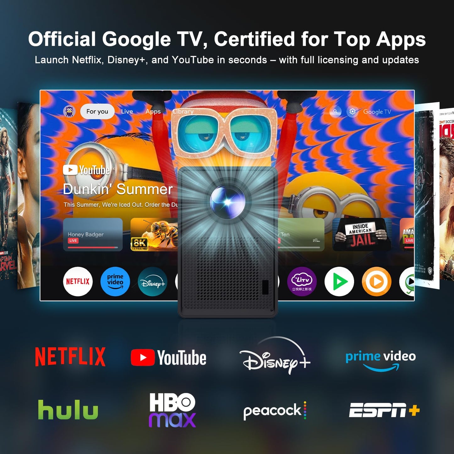 ?Official Licensed Google TV?4K Smart Projector with WiFi and Bluetooth : Unlimited Access to Streaming Apps, 1200 ANSI, Dolby Audio, 80% Zoom, 300"