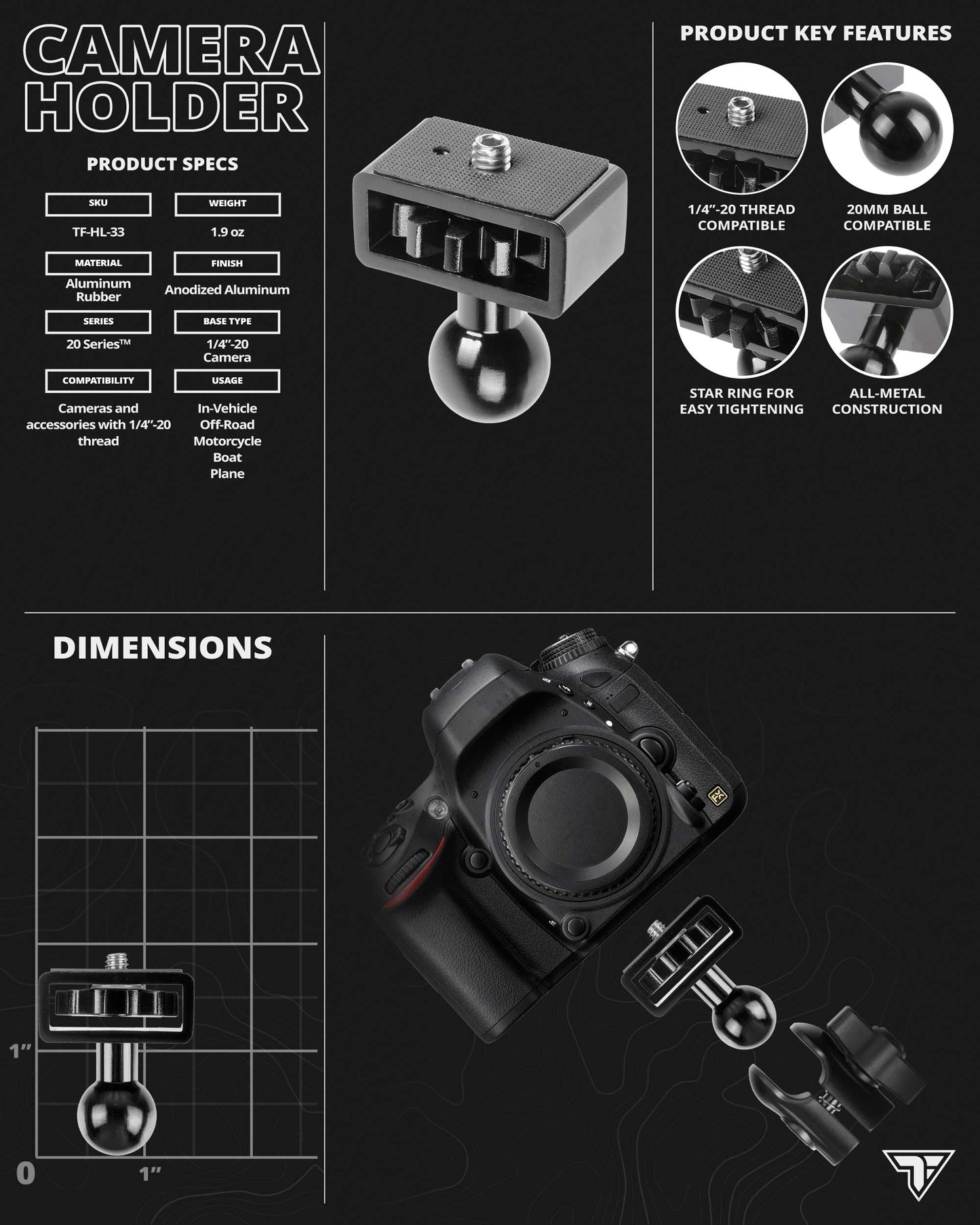 Tackform Slim Track™ Base Mount - Camera Holder | 1/4"-20 Screw with Tightening Ring | Short Reach Arm | (Base Mounts are ONLY Compatible