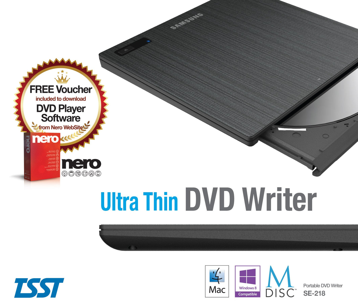 SAMSUNG TSST Ultra-Slim Optical 8X DVD Rewriter Drives SE-218GP/RSBN with Free Nero DVD Player Software, M-Disc Support, MAC OS X Compatible