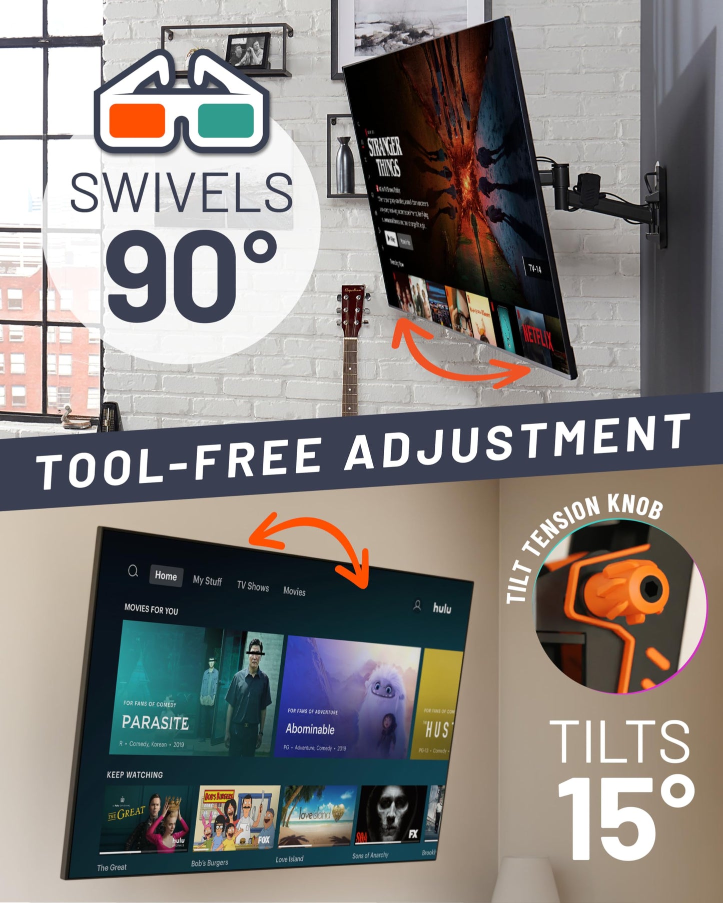 ECHOGEAR SwiftStud Swivel Full Motion TV Wall Mount for TVs Up to 60" - Smooth Extention, Tilt - Wall Template for Easy Install On 1 Stud - Level