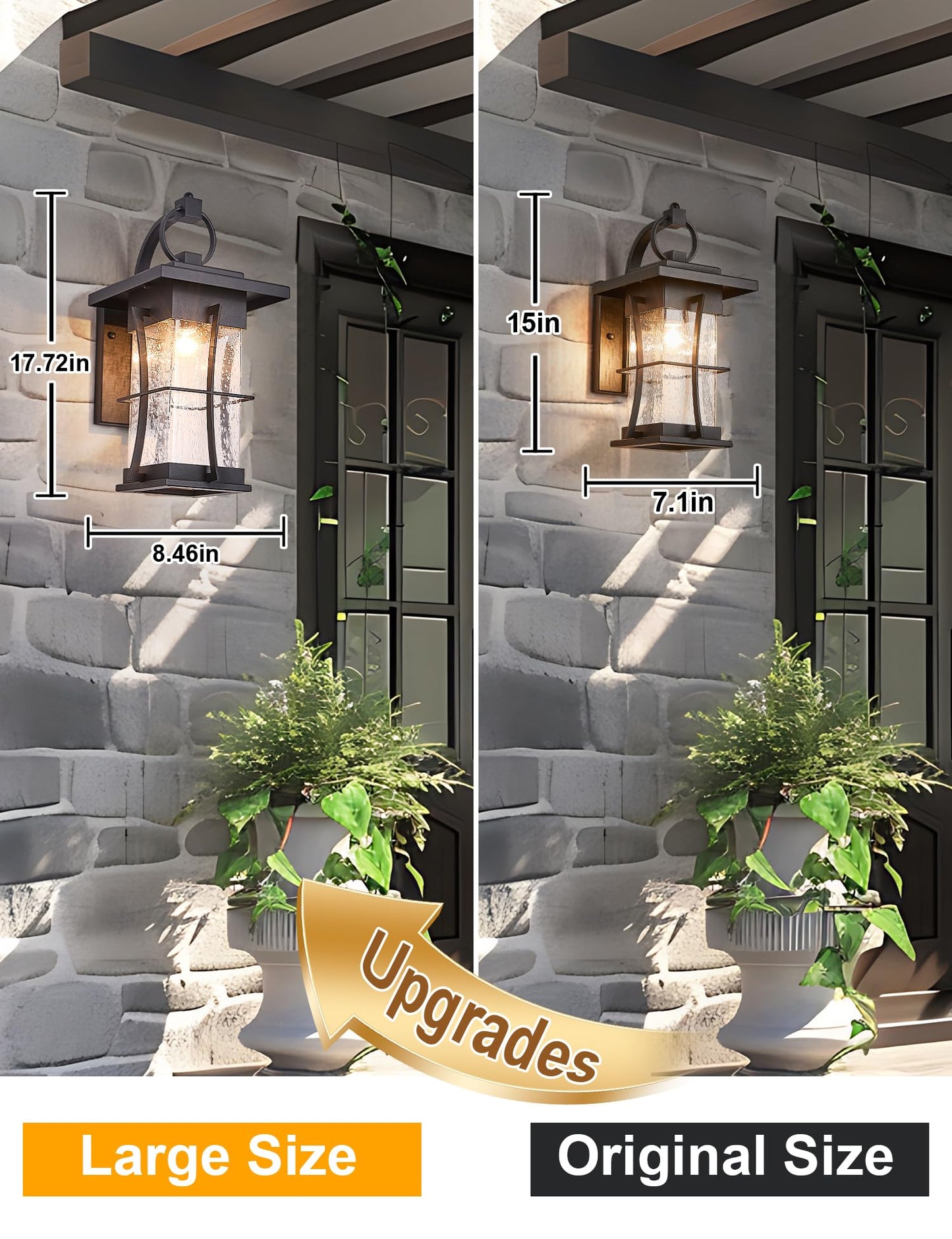 EERU 18" H Extra Large Outdoor Wall Sconce Black Large Exterior Wall Lantern Outside House Lamps Waterproof Mission Light Fixtures with Clear Seeded