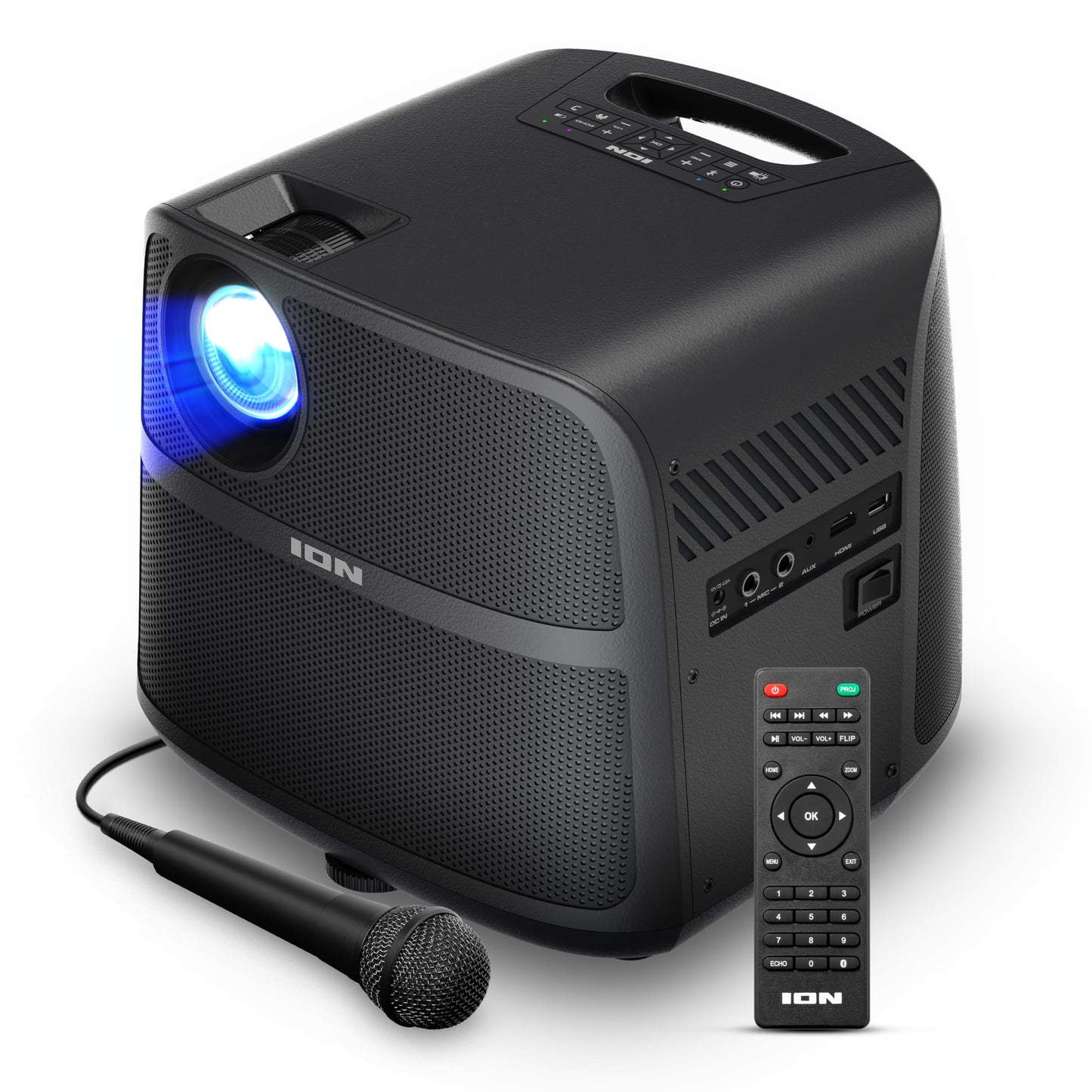 ION Portable Outdoor 720P HD LED Projector with Bluetooth, 70W Speakers, Microphone and Rechargeable Battery for Movie and Karaoke Evenings - USB