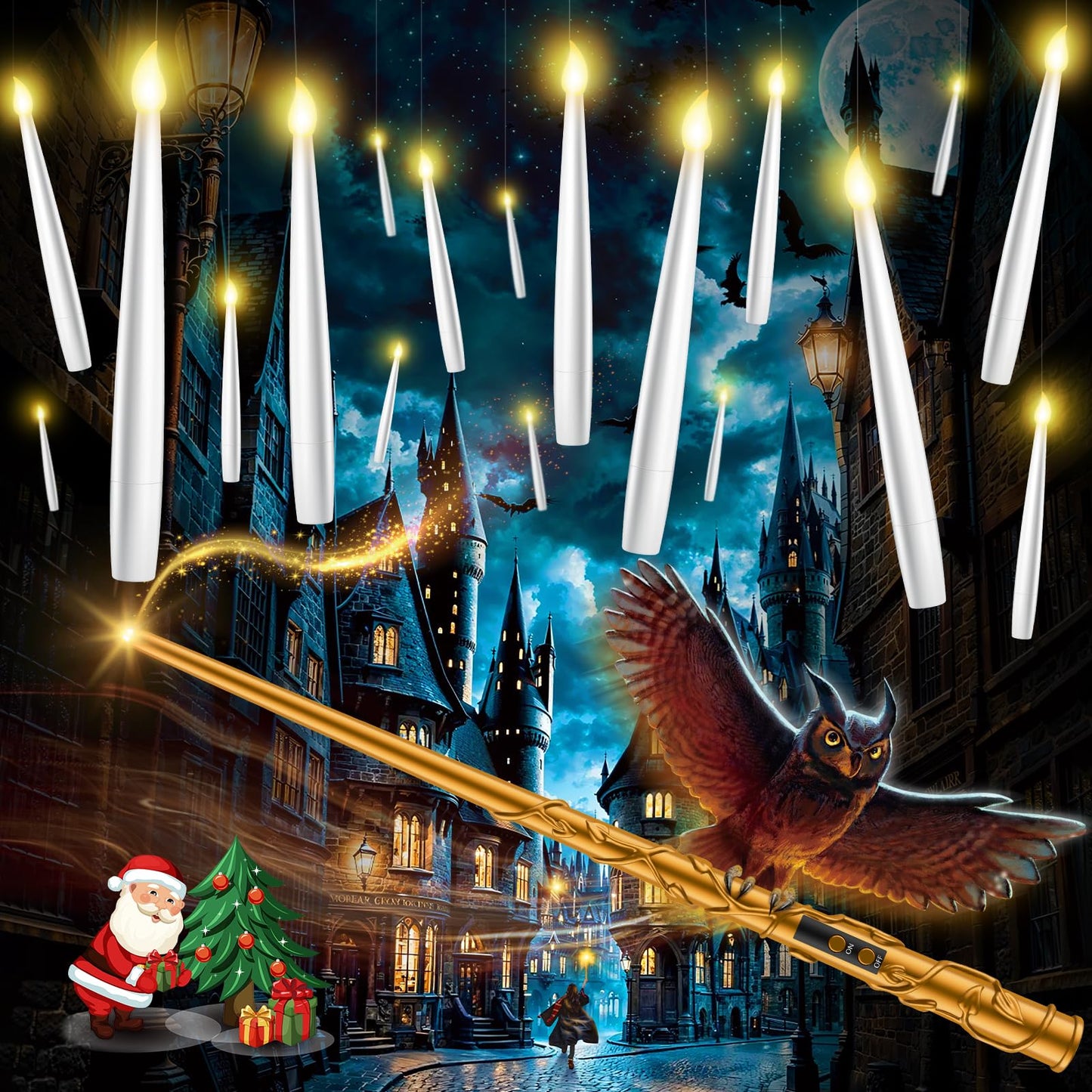 TLPUHU Floating Candles with Wand - 18 Pcs Christmas Decorations Magic Flameless Candles Flickering Warm Light Battery Operated LED Hanging Candles