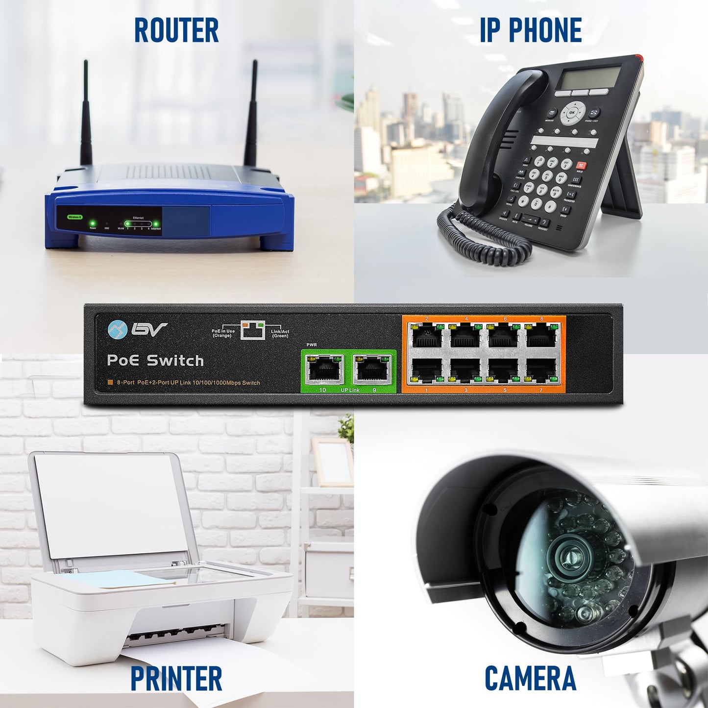BV-Tech 8 Gigabit PoE+ Ports with 2 Enthernet Uplink, 130W, 802.3af/at POE-SW802G