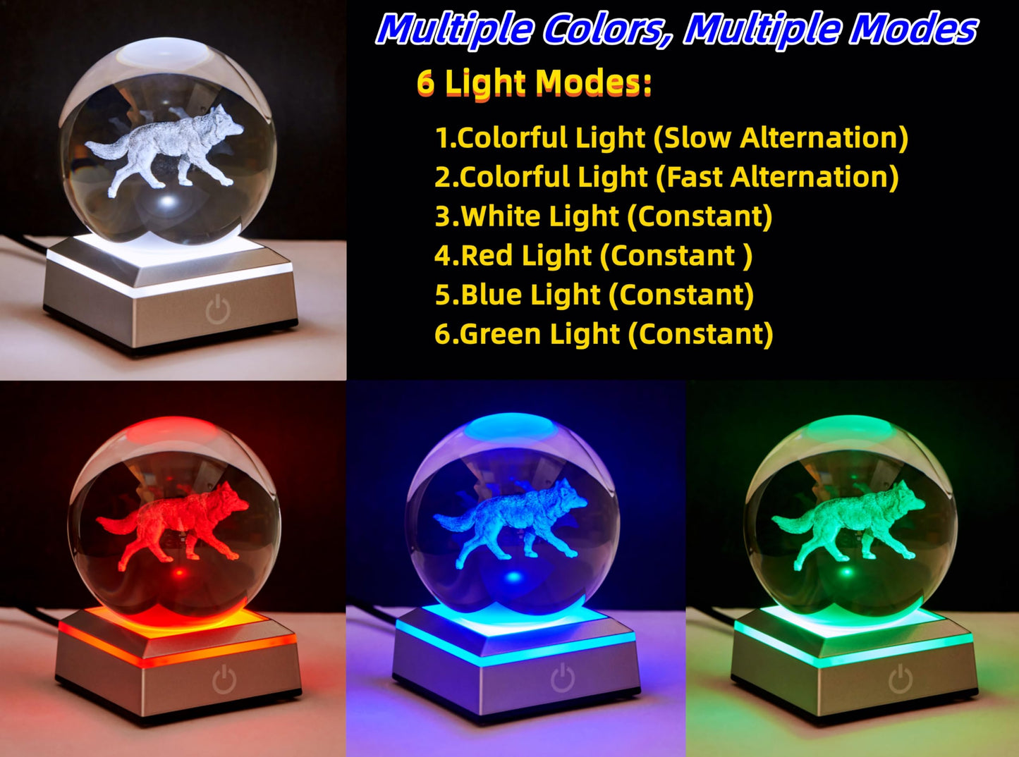 3D Crystal Ball Night Light with LED Base - 3.15 Inch Glass Ball Wolf Lamp, Perfect for Birthday, Holiday, Xmas Gifts for Boys, Girls, Friends