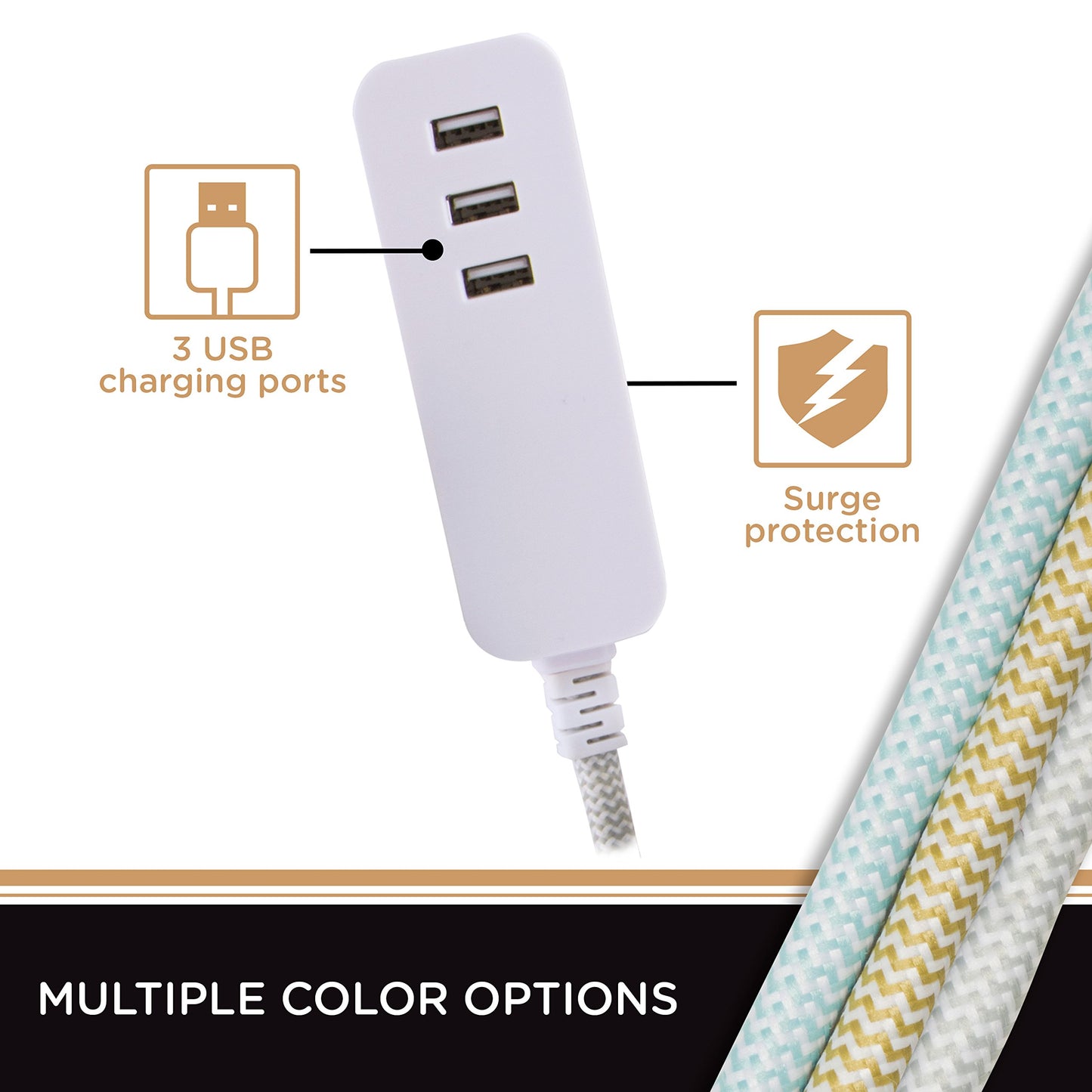 Cordinate 37922 Designer 3-USB Charging Extension Cord with Surge Protection, Brown Braided Fabric Cord, 10 ft, Low-Profile Plug, 3.4A USB Charging
