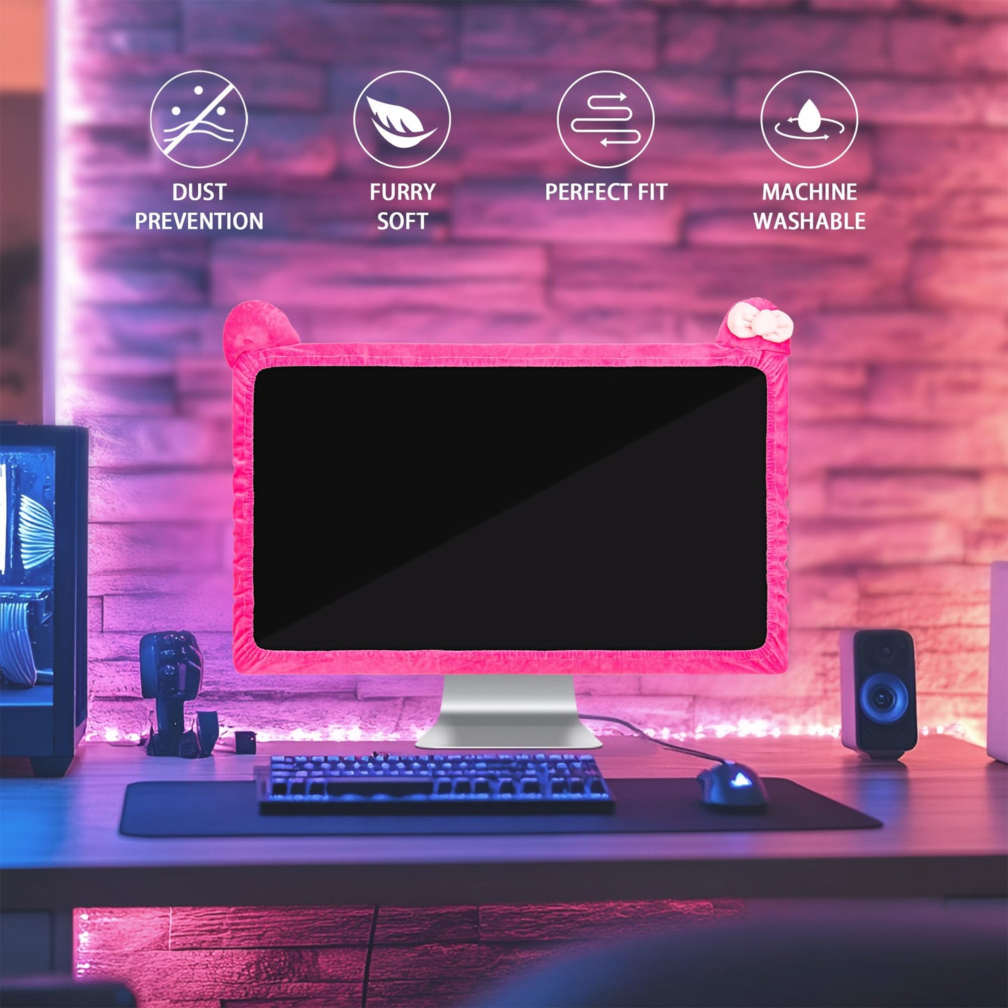 Kingshion 27"-34" Lovely Cute Computer Monitor Cover with Cat Ear Design, Kawaii Display Dust Cover with Furry Design, Elastic Dustproof, Suitable