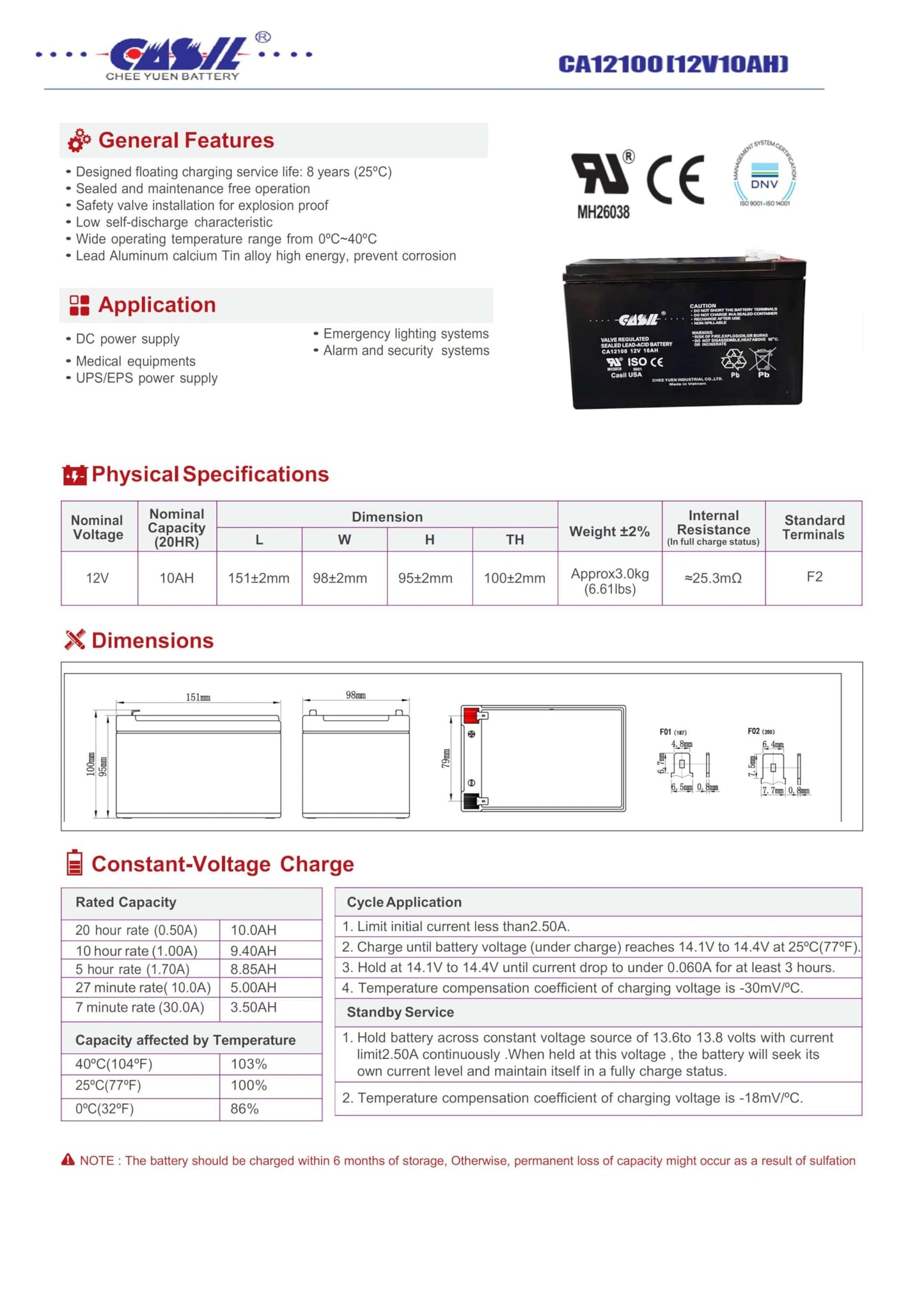 Casil 12V 10Ah SLA AGM Battery - Rechargeable Deep Cycle - F2 Terminals - Compatible with Long Way LW-6FM10, 12V 12Ah Battery Replacement