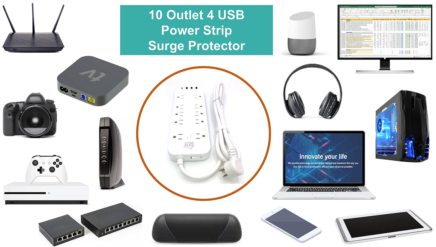 Heavy Duty 3000-Joule 10-Outlet 4-USB Fire Safe Surge Protector with Outlet Saver Power Cord and USB Charge Cables