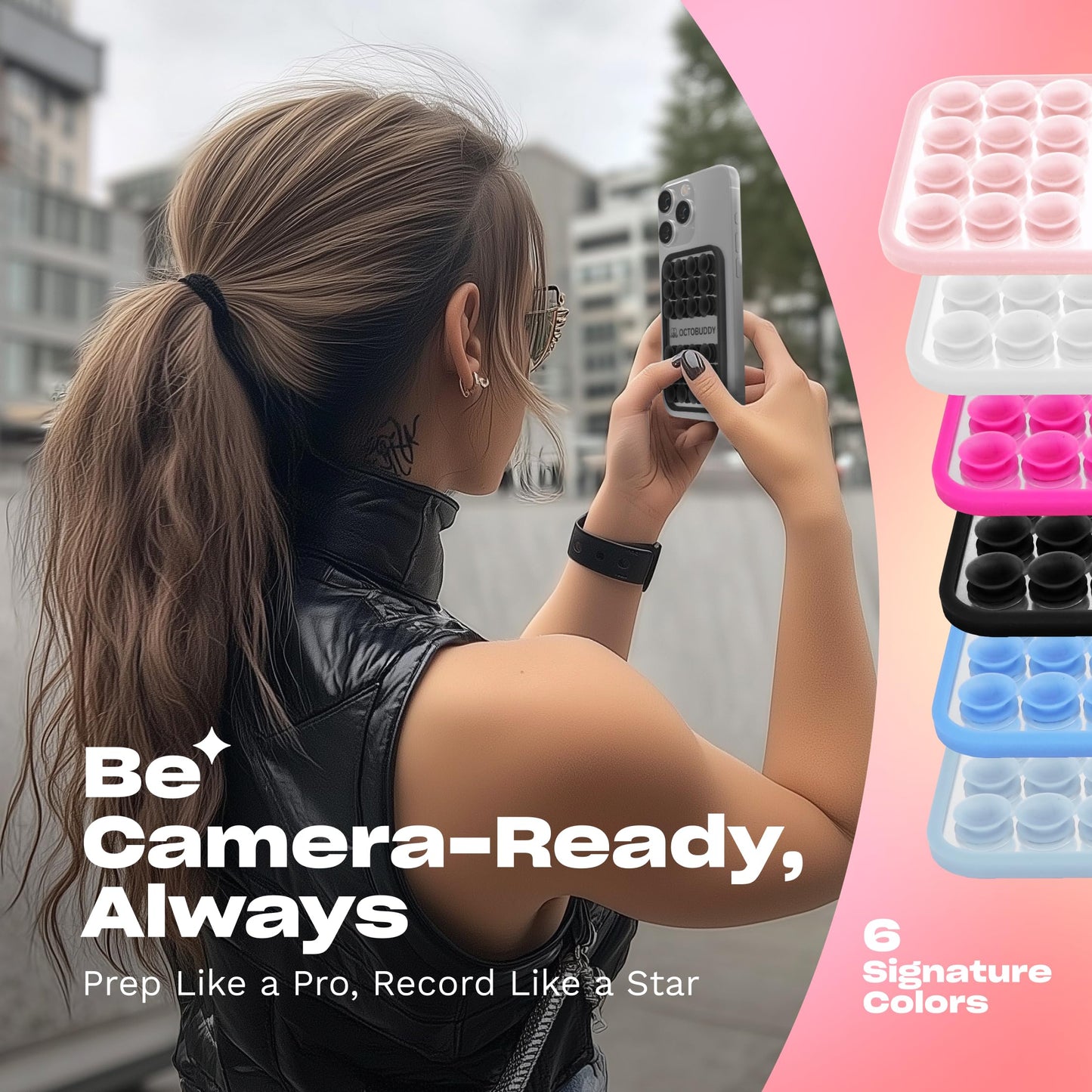 OCTOBUDDY Mirror - OG Suction Cup Phone Mount - Silicone Suction Grip Mobile Holder with Built-in Mirror - Hands-Free Selfies and Videos - Content