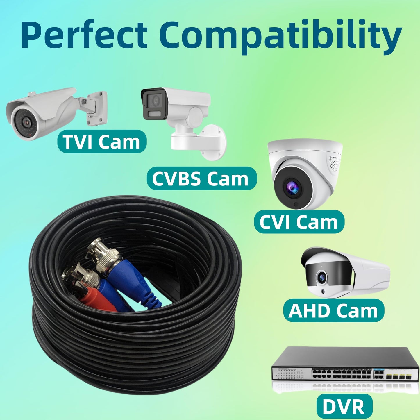 LETONDA 4PCS 100ft/30m Integrated BNC Video Power Cable ext. for Security Cameras, CCTV, Surveillance & DVR installs. Free 8×BNC connectors + 100 Wire