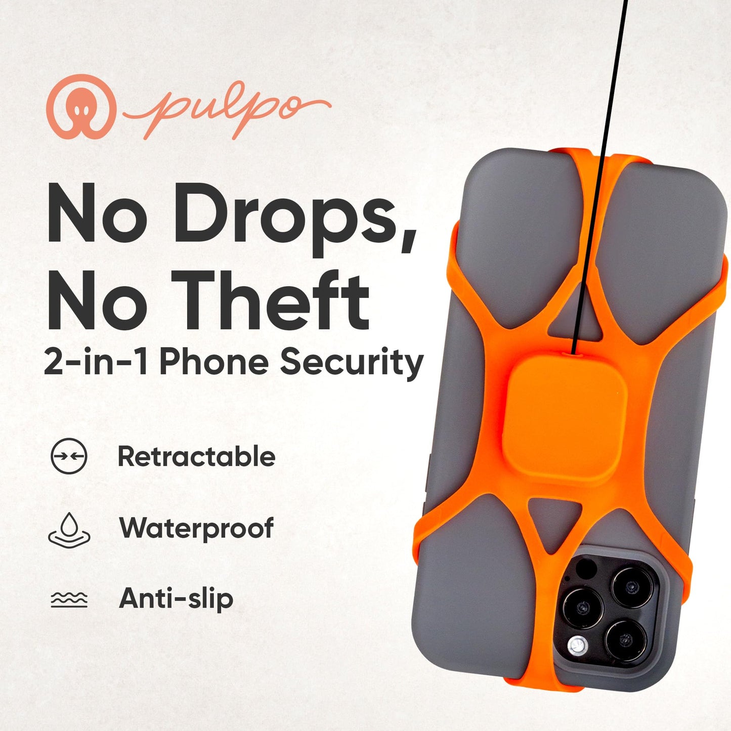Pulpo Anti Theft Phone Leash with Retractable Dyneema Tether, Secure Phone Leash and Strap for Skiing, Kayak, Travel and Festivals, Fits Smartphones
