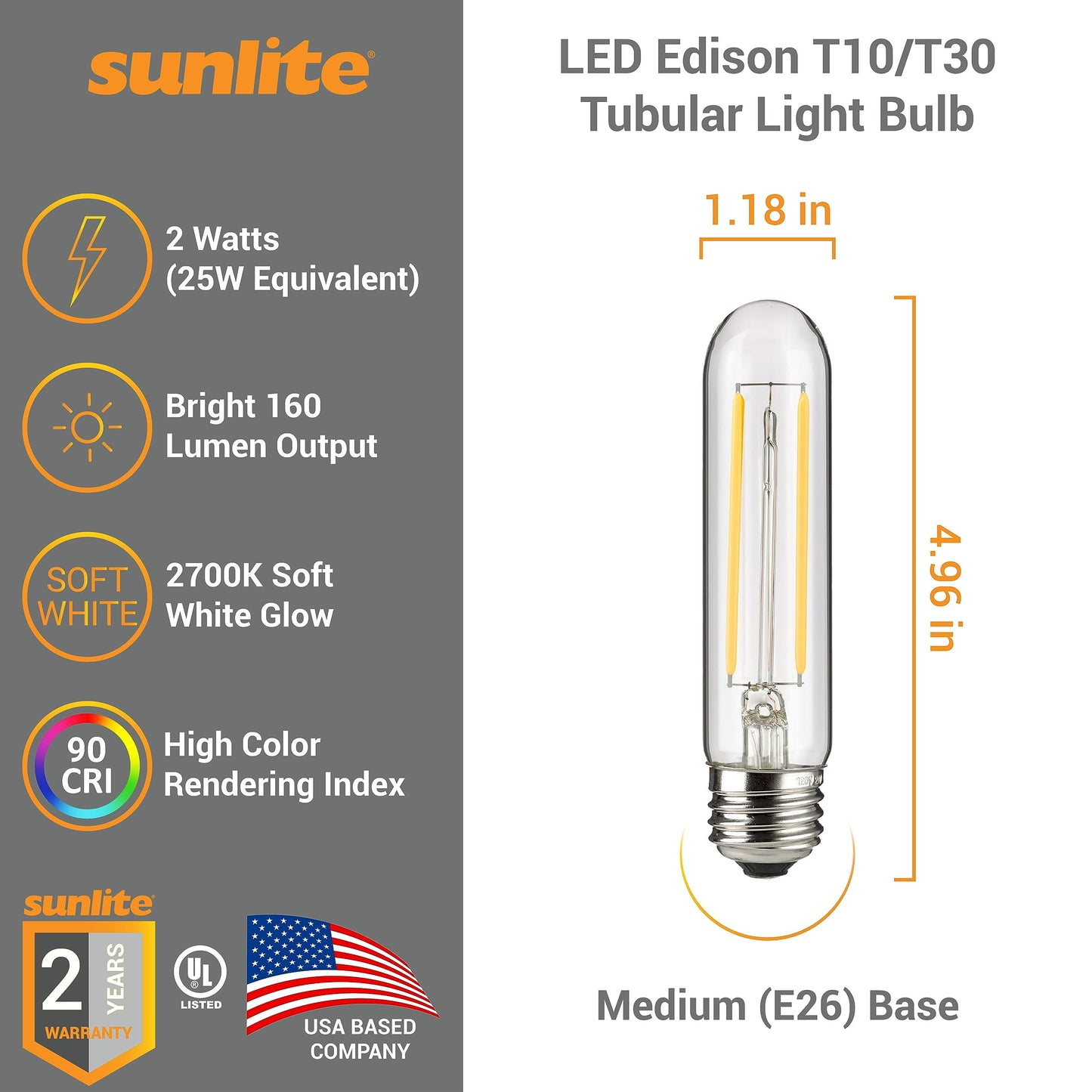Sunlite 41790 LED Edison T10/T30 Tubular Light Bulb, 2 Watts (25W Equivalent), 160 Lumens, Medium E26 Base, 120 Volts, Dimmable, 90 CRI, UL Listed