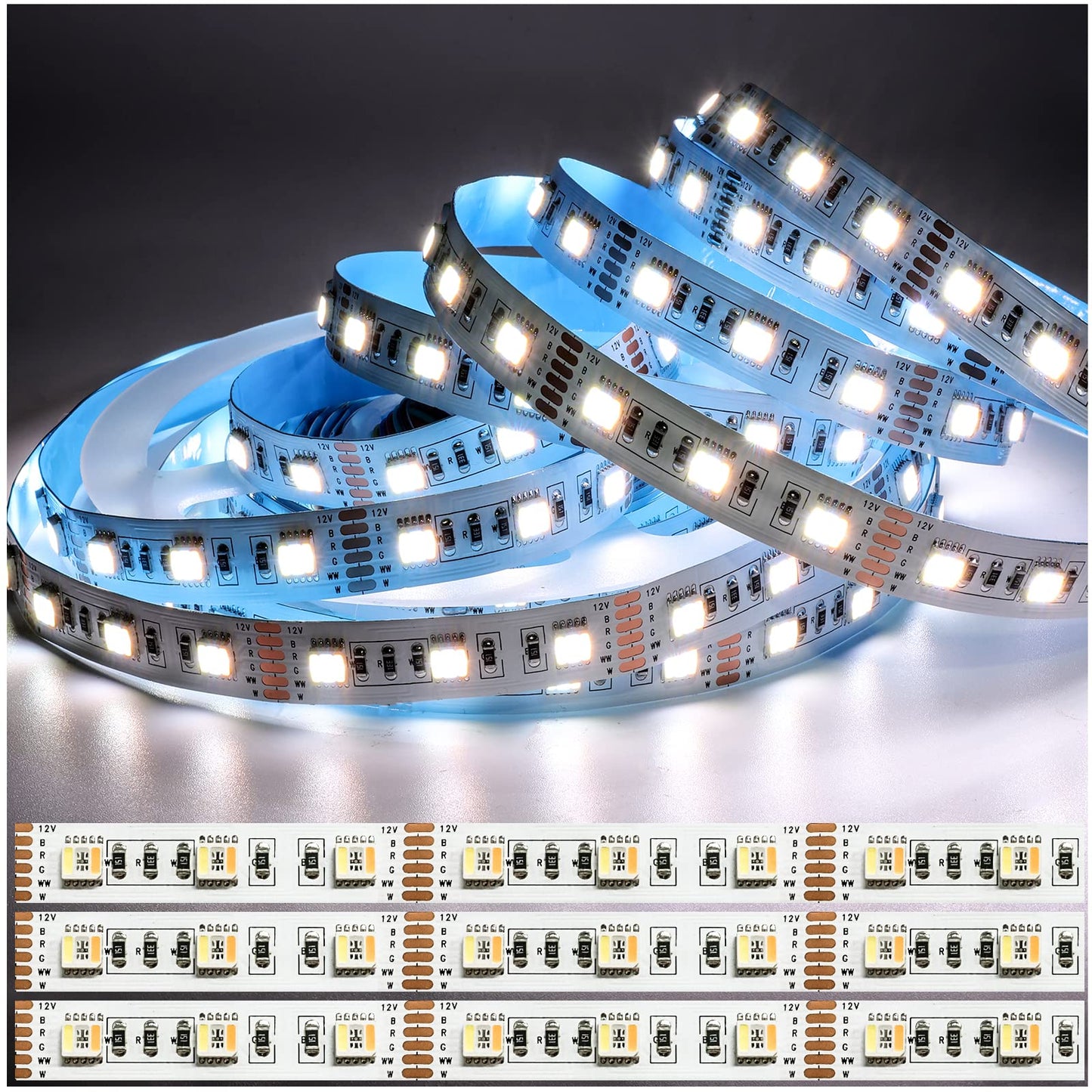 Tesfish 12V 5 in 1 LED Strip Lights RGB + CCT, RGB + White + Warm White (2800K to 6500K) RGBCW 5M Mixed Colour Adjustable Light Strips IP20 300 LEDs