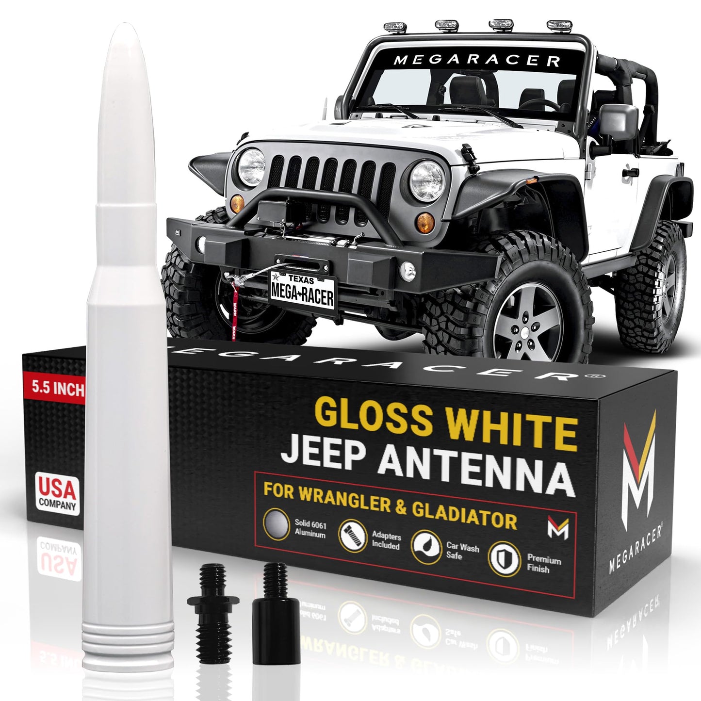 Gloss White 50 Cal Bullet Antenna for Jeep Wrangler JK JL & Gladiator JT (2007-2024), Rubicon Sahara Willys Mojave 4xe Accessories, Short Replacement