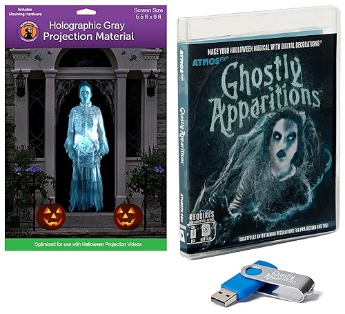 AtmosFX Ghostly Apparitions USB + 5.5' x 9' Large Gray Holographic Screen for Halloween Projection