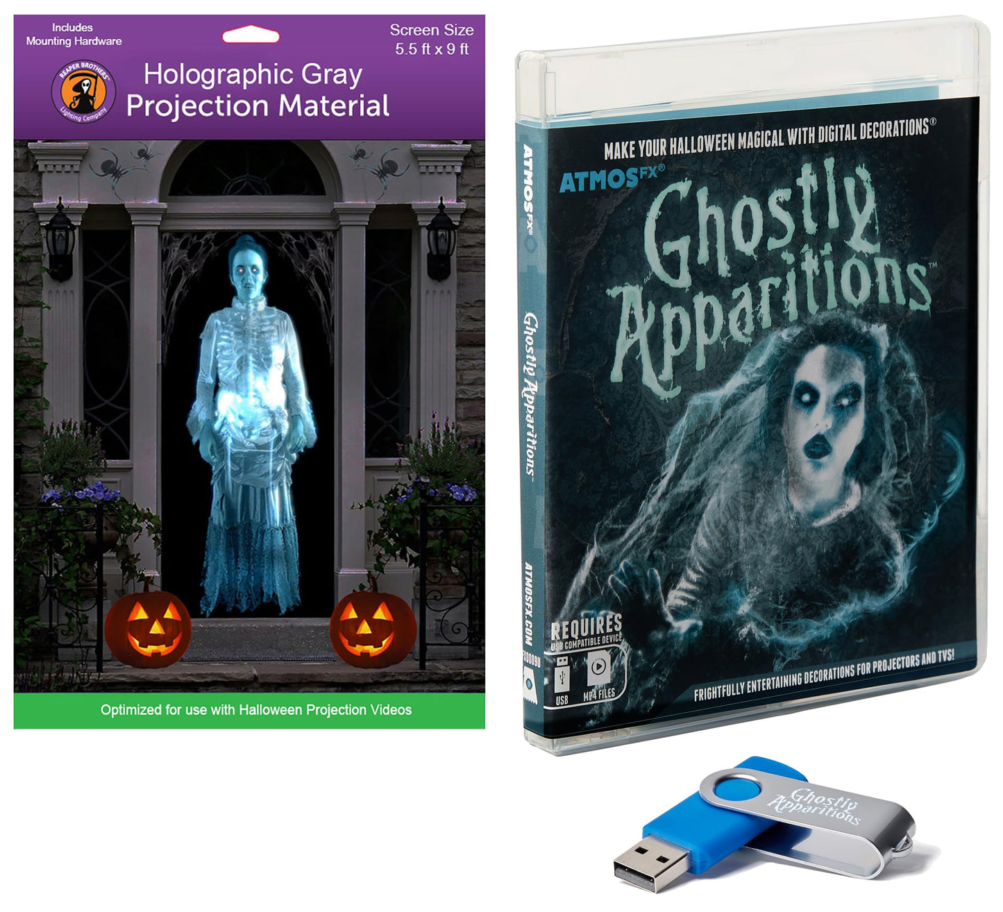 AtmosFX Ghostly Apparitions USB + 5.5' x 9' Large Gray Holographic Screen for Halloween Projection
