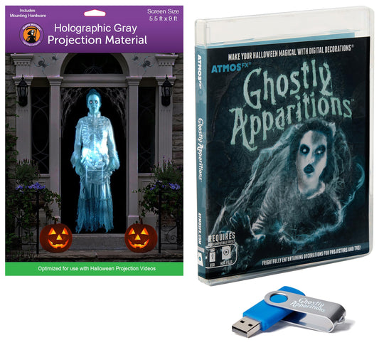 AtmosFX Ghostly Apparitions USB + 5.5' x 9' Large Gray Holographic Screen for Halloween Projection
