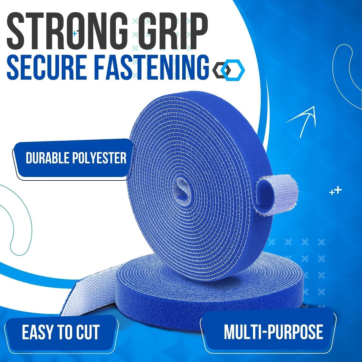 TNP Hook and Loop Tape Strap Cable Ties Fastener (Blue) (15 Feet) - Sticky Self Adhesive Nylon Fabric Roll Wrap 0.75" Wide 5 Yards Reusable
