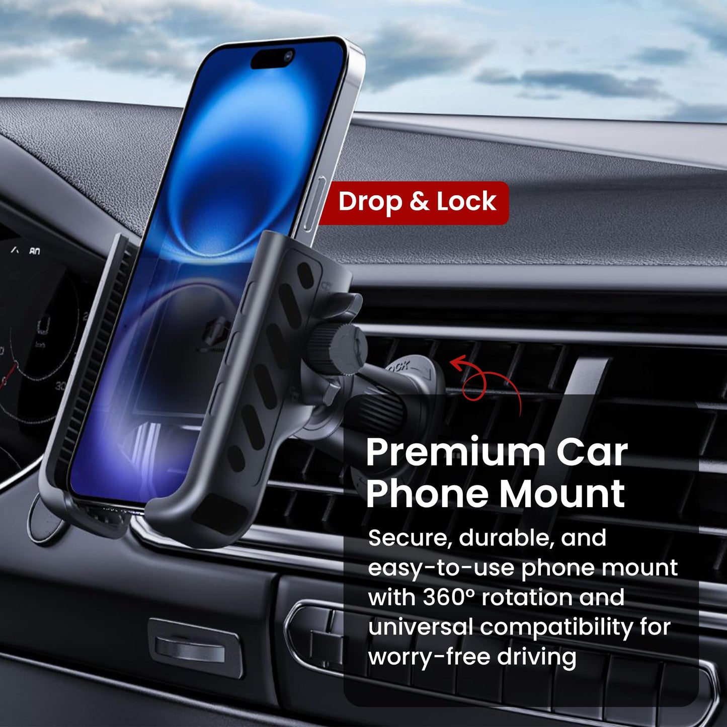 WESTOUGH Car Phone Holder for Air Vent - Easy One-Hand Drop & Lock Car Phone Mount, Secure & Stable 360° Adjustable Vent Holder, Universal Cell Phone