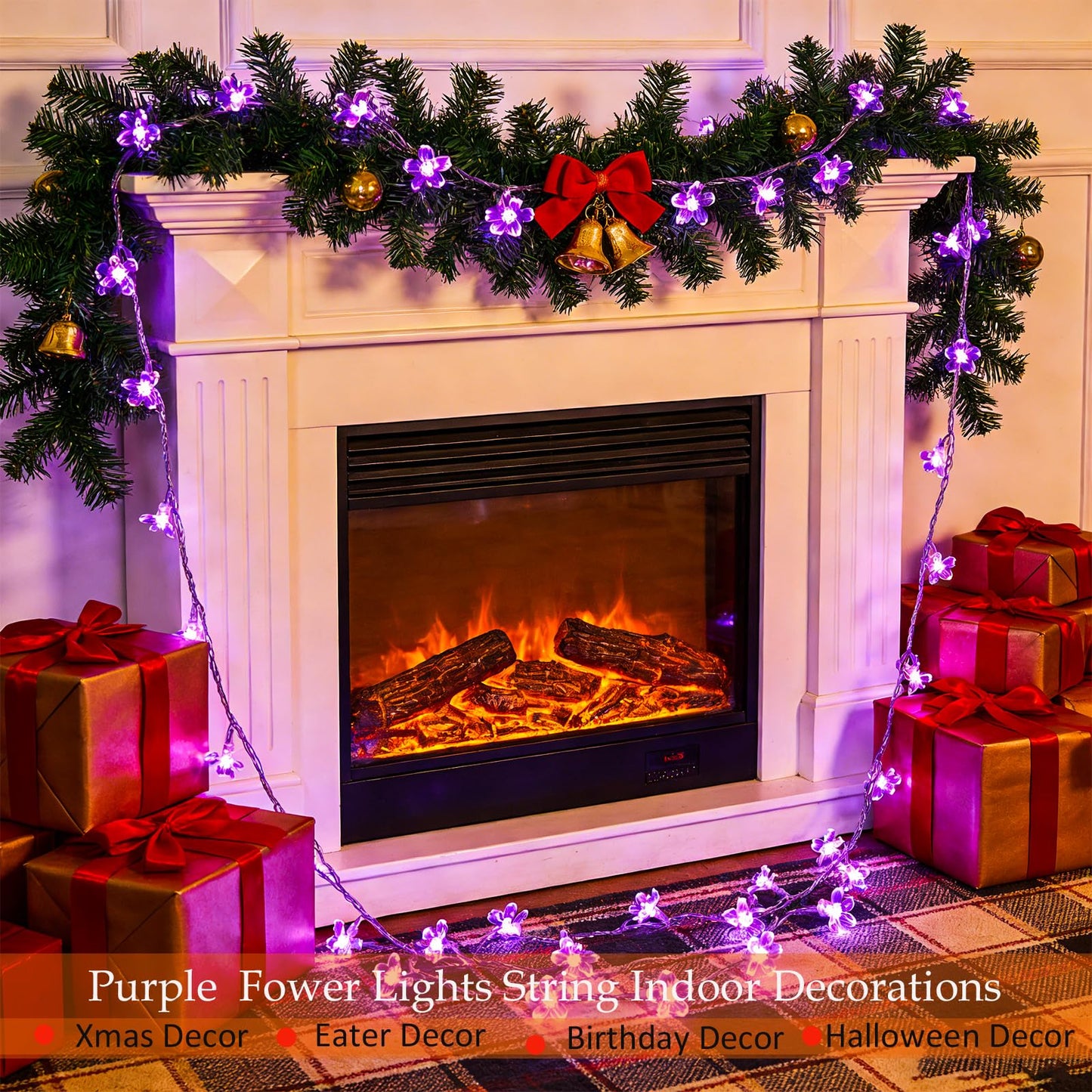 Decorative Connectable 33ft Purple Flower String Lights with 100 LEDs, Memory Function & 8 Modes. Perfect for Bedroom, Christmas, Weddings