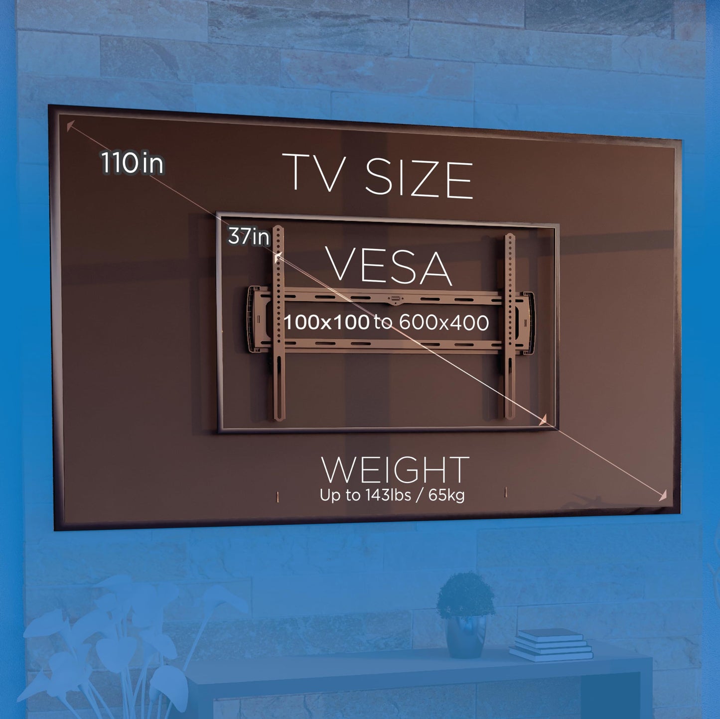ProMounts Premium Flat/Fixed TV Wall Mount Bracket for 37-110 inch Screens, Supports 143 lbs Post Level Installation Low Profile LED, LCD, Plasma