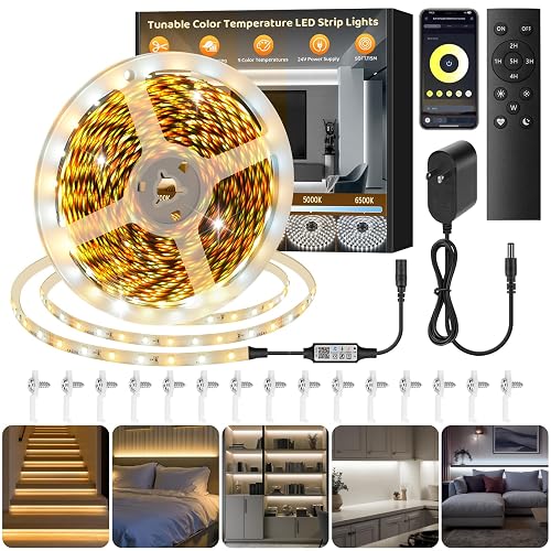 Tunable White LED Strip Light, Warm to Cool White,49.2ft Dimmable Bright LED Tape Lights with APP and Remote Control,3000K-6500K 24V Tape Light