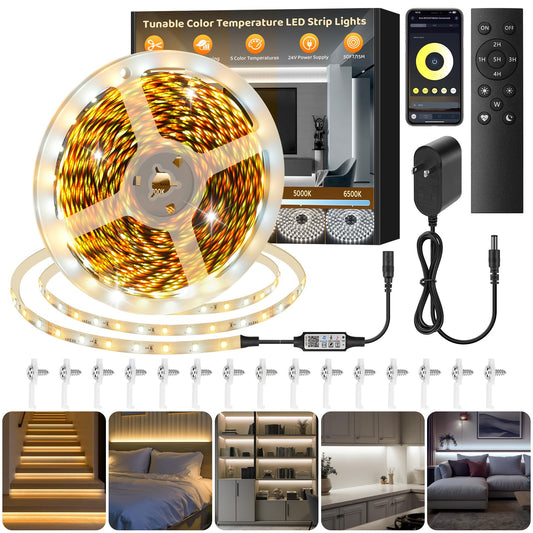 Tunable White LED Strip Light, Warm to Cool White,49.2ft Dimmable Bright LED Tape Lights with APP and Remote Control,3000K-6500K 24V Tape Light