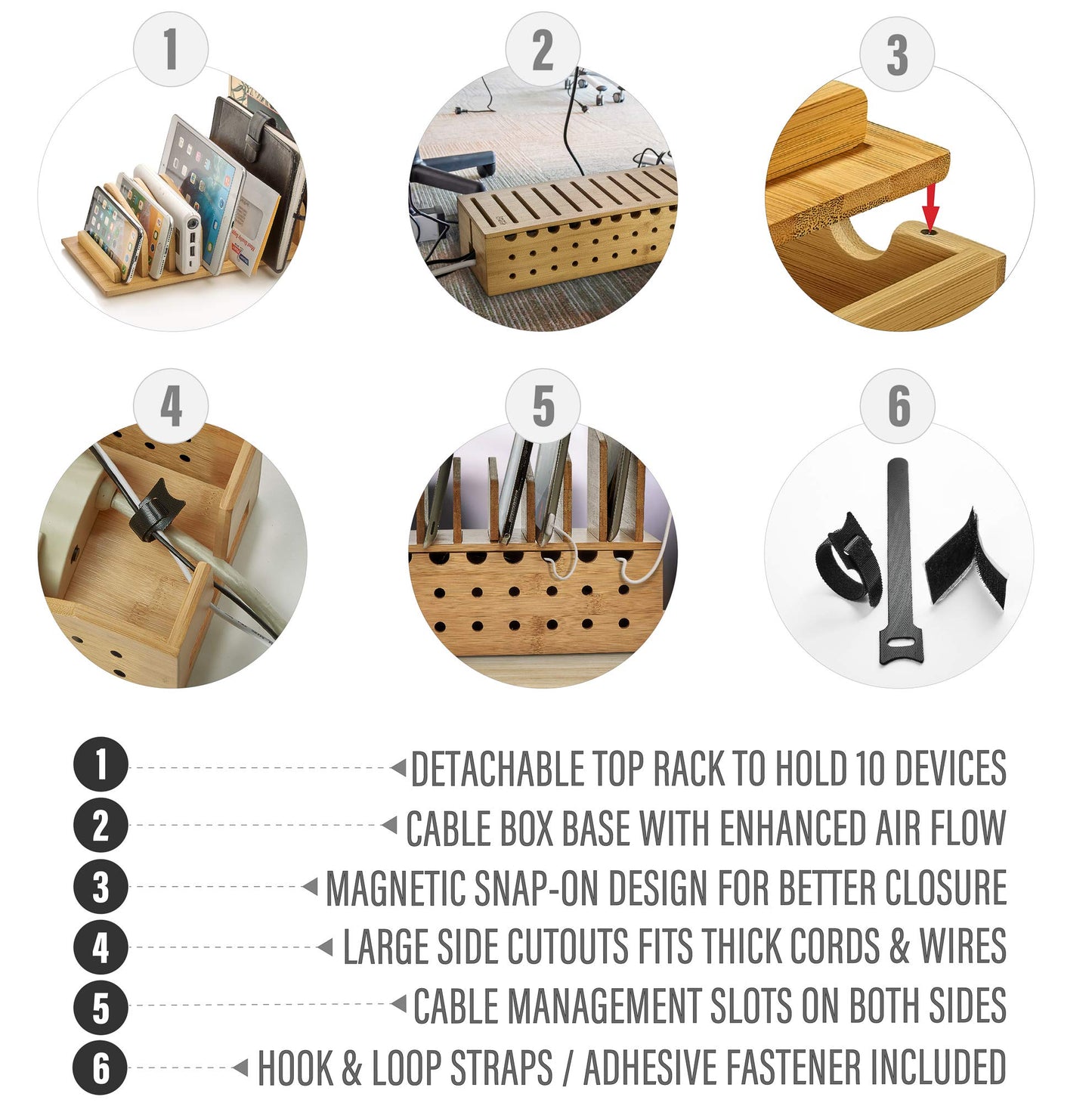 Prosumer's Choice Multi Device Charging Station - Bamboo Charging Dock and Cord Organizer for 10 Devices - Bamboo Desk Organizer Rack with Cable Box