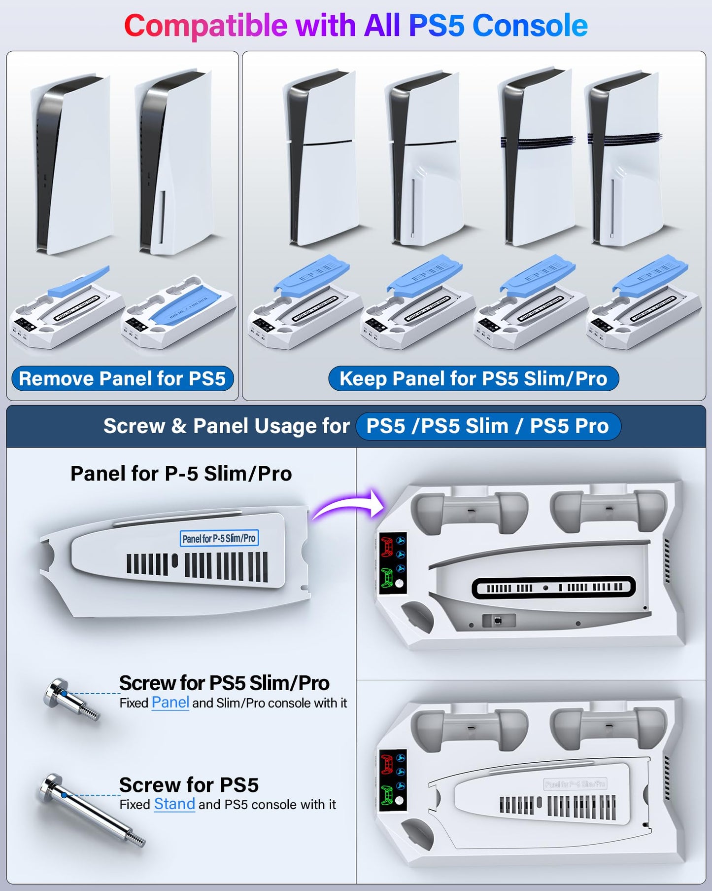 PS5/PS5 Slim/PS5 Pro Stand and Cooling Station with Dual Controller Charging Station for PlayStation 5 Console, PS5 Accessories Incl. Controller