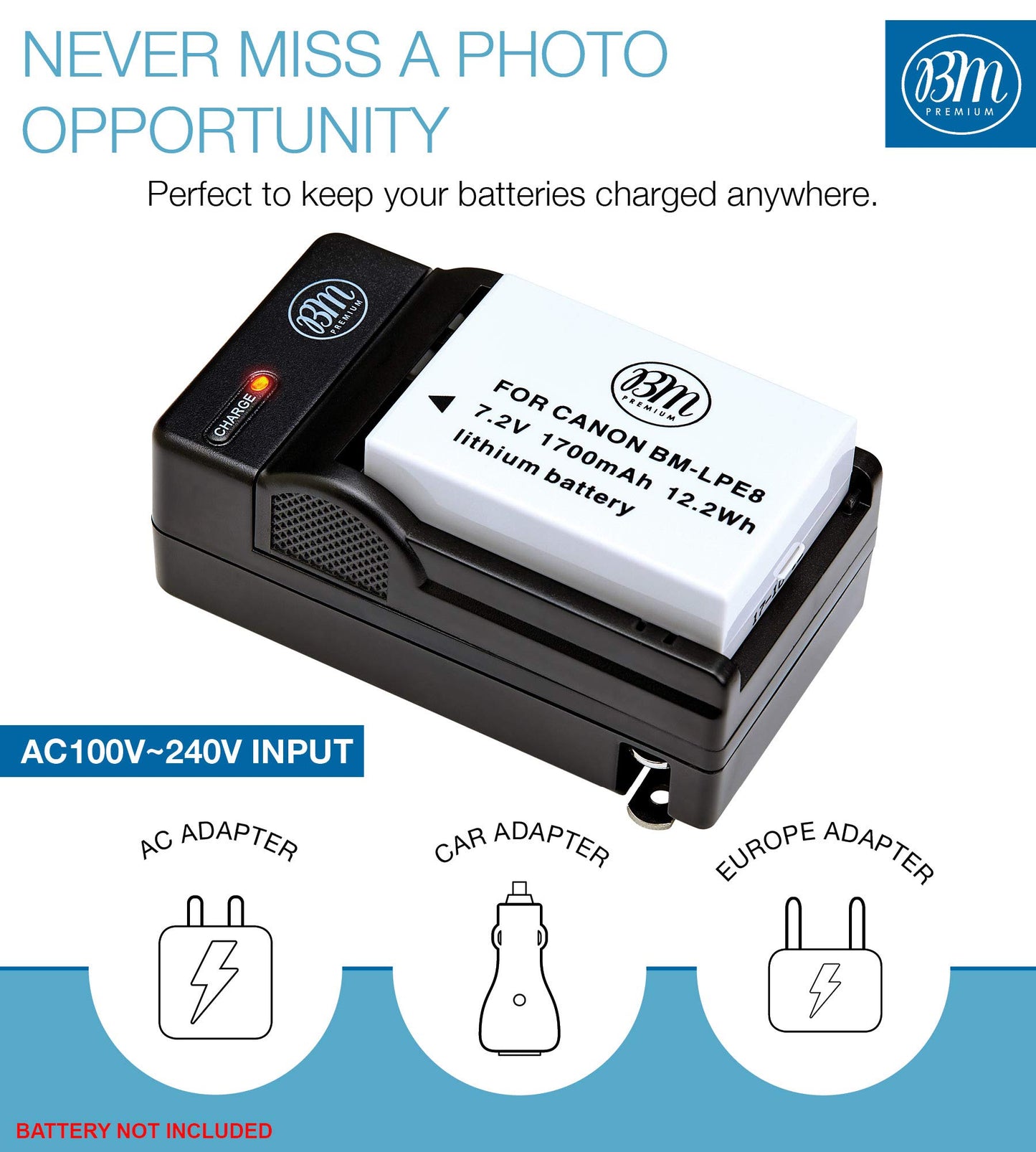 BM Premium LP-E8 Battery Charger for Canon Rebel T2i, T3i, T4i, T5i, EOS 600D, 550D, 650D, 700D, Kiss X5, X4, Kiss X6, LC-E8E