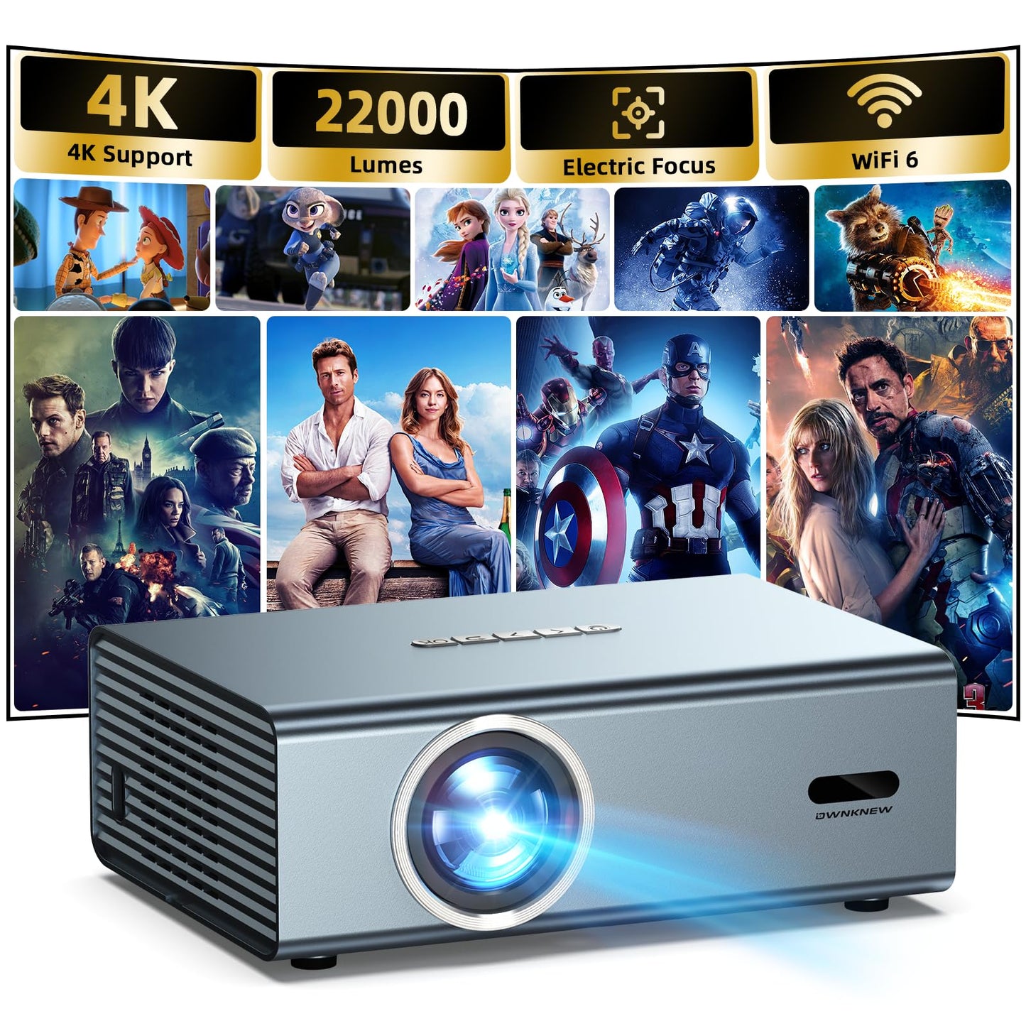 [Electric Focus] 4K Support Projector with WiFi6 and Bluetooth 5.3, Outdoor Projectors for Outside Video Use, OWNKNEW Gaming Movie Proyector, Auto