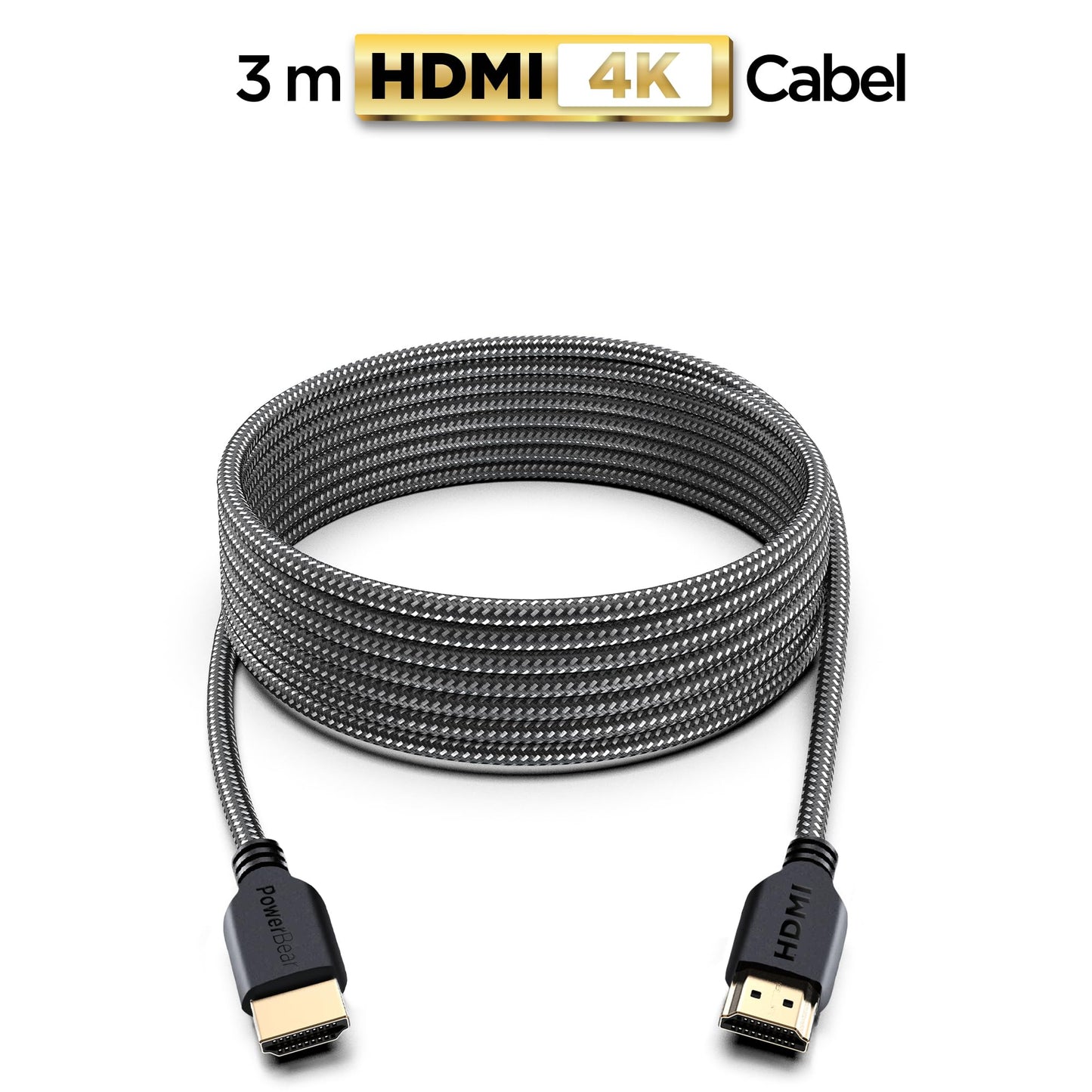 PowerBear 4K HDMI Cable 10 ft | High Speed Hdmi Cables, Braided Nylon & Gold Connectors, 4K @ 60Hz, Ultra HD, 2K, 1080P, ARC & CL3 Rated | for Laptop