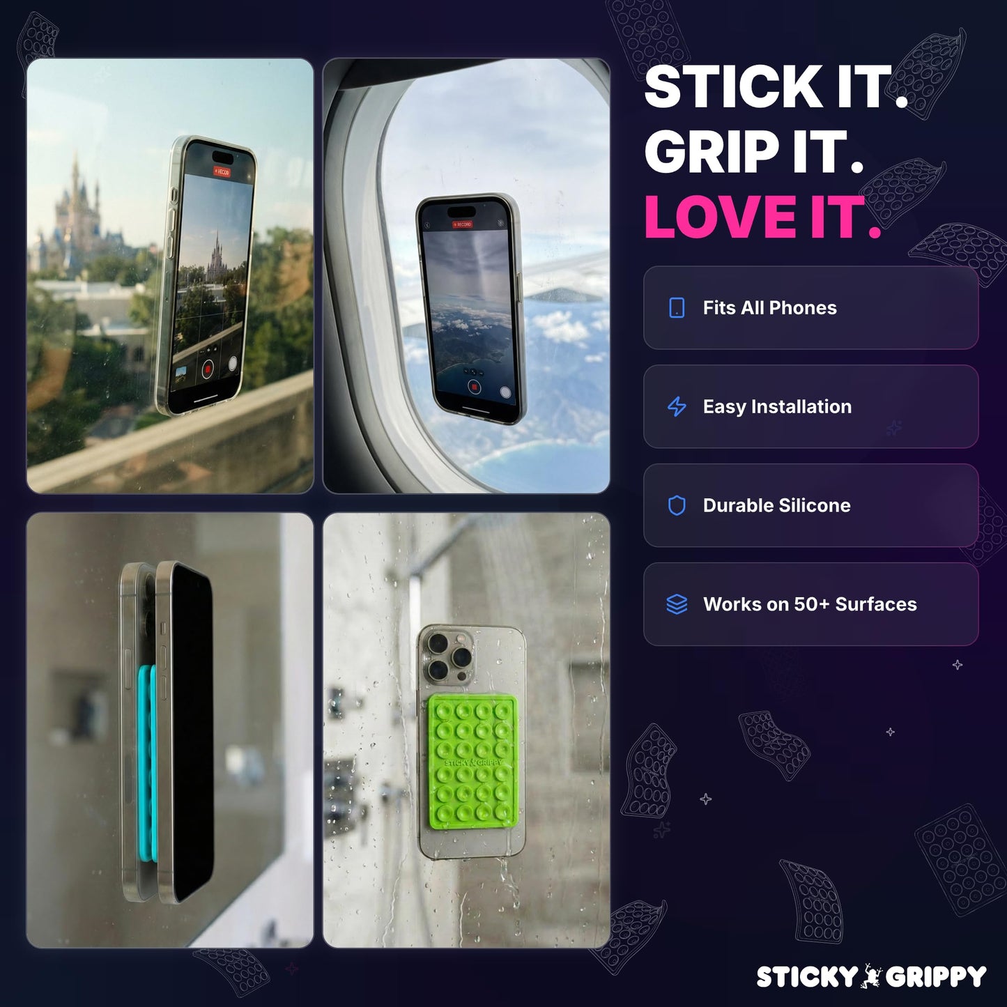 StickyGrippy Suction Phone Case Mount, Sillicon Adhesive Phone Accessory for iPhone and Android, Hands-Free Fidget Toy Mirror Shower Phone Holder