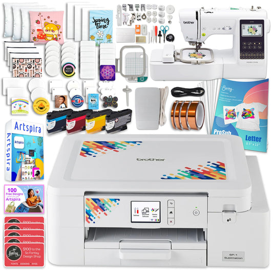 Brother SP-1 Sublimation Printer Bundle with SE700, Full Ink Set, 160 Sublimation Transfer Sheets, 50 Blanks, Tape and More